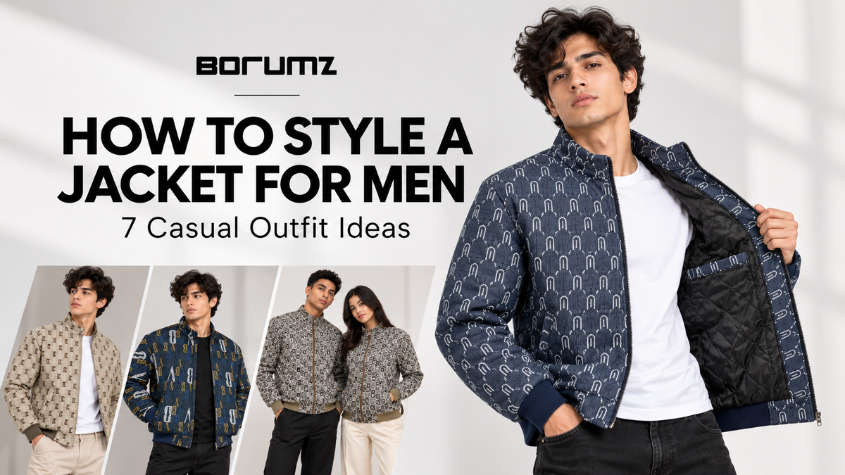 Men's casual jacket outfit with jeans and a T-shirt.