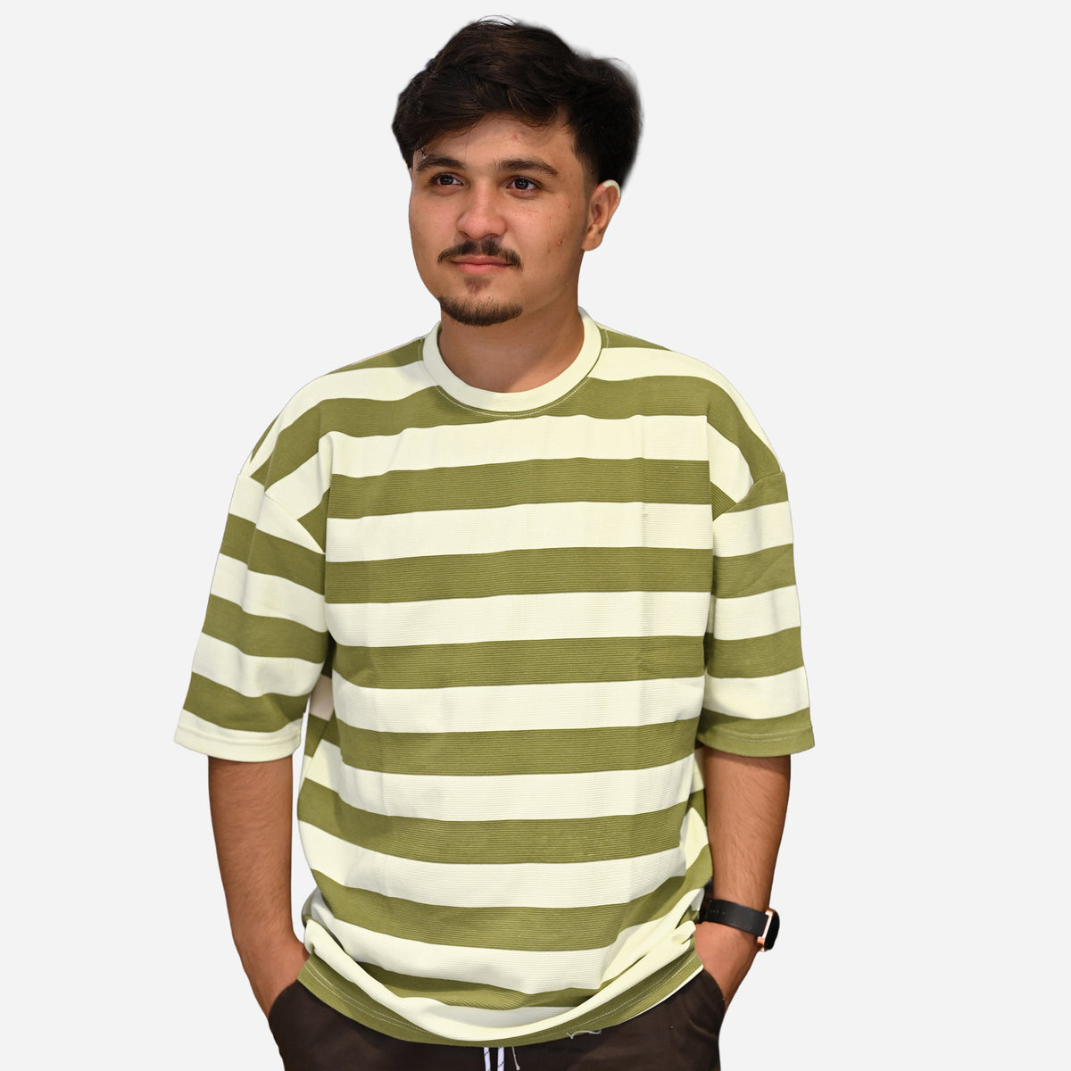 Olive & Cream Fine Stripe Drop Shoulder T-Shirt