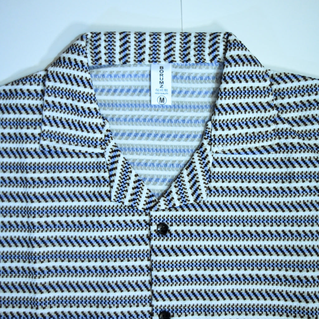 White & Blue Geometric Textured Boxy Fit Shirt