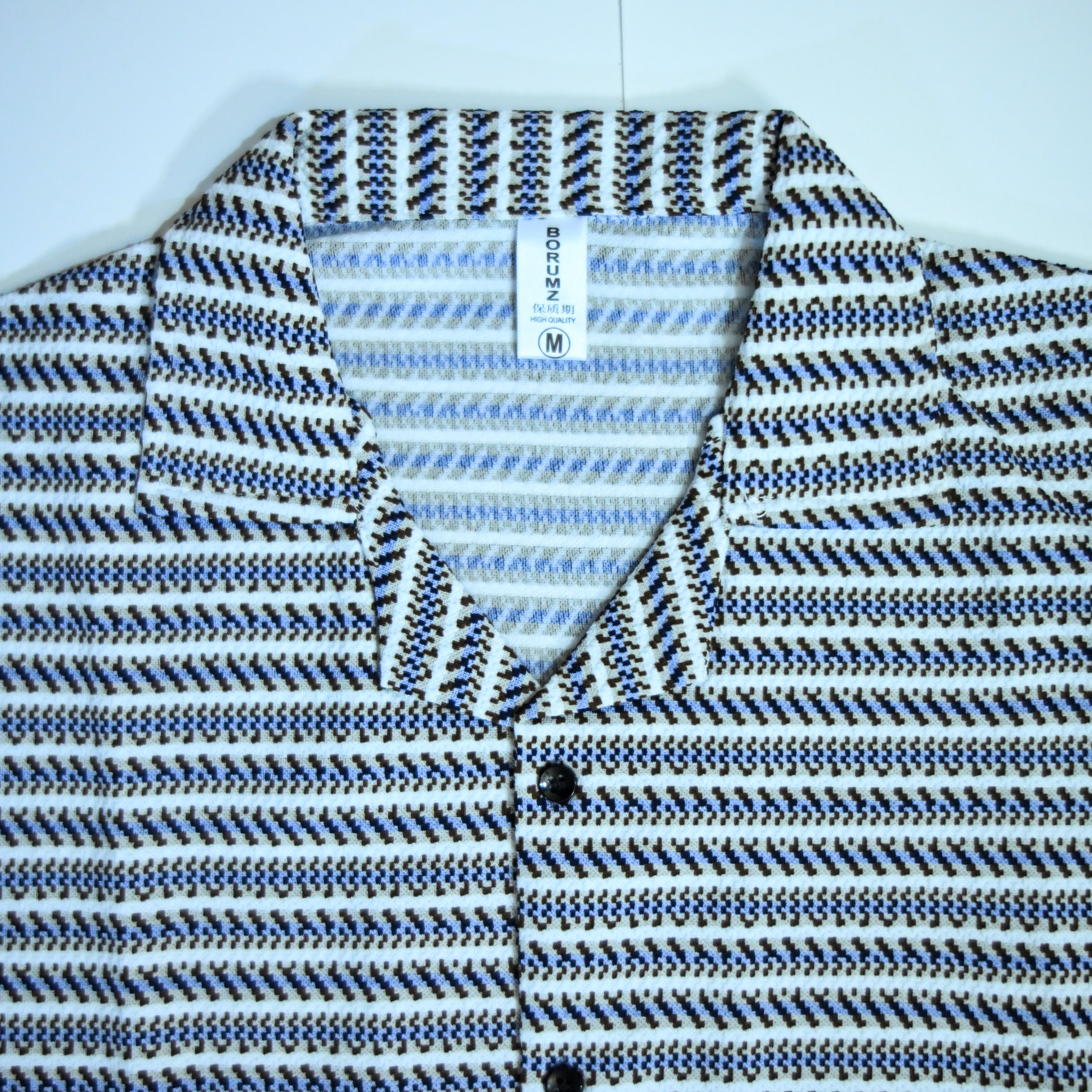 White & Blue Geometric Textured Boxy Fit Shirt