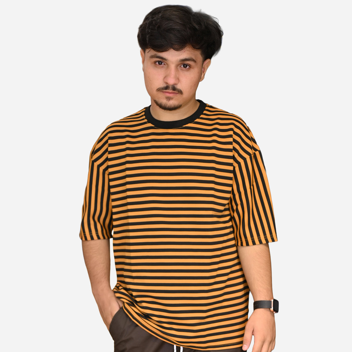 Mustard & Black Striped Drop Shoulder T-Shirt