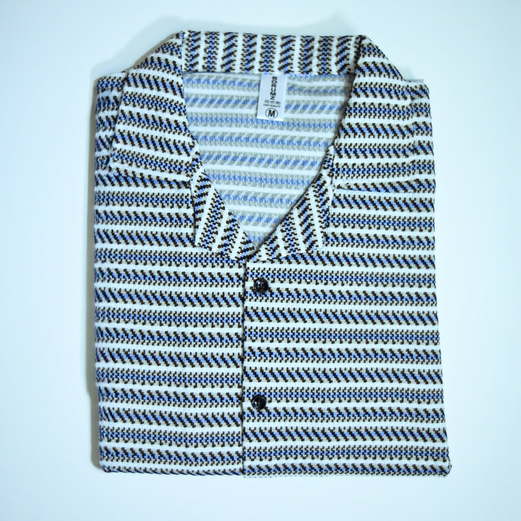 White & Blue Geometric Textured Boxy Fit Shirt
