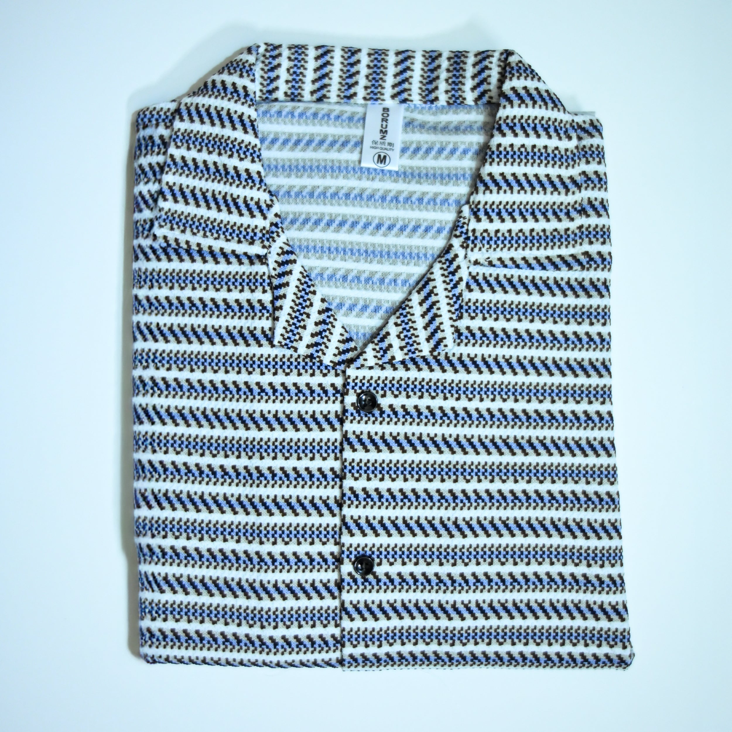 White & Blue Geometric Textured Boxy Fit Shirt