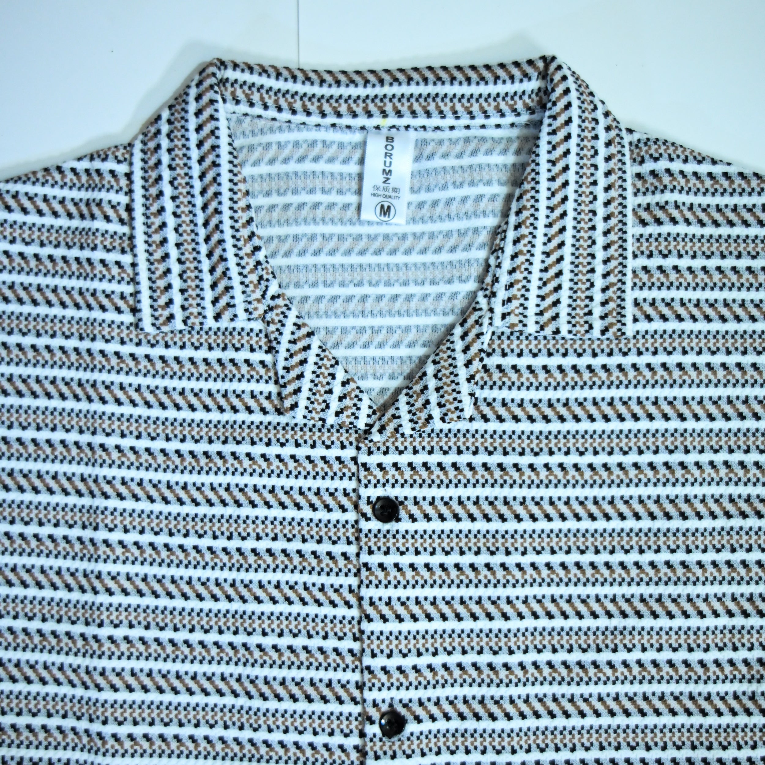 White & brown Geometric Textured Boxy Fit Shirt