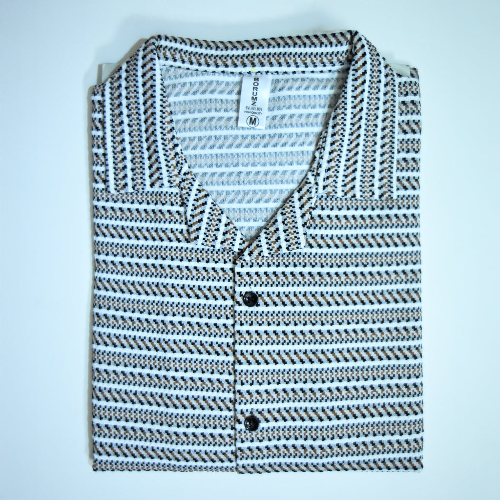 White & brown Geometric Textured Boxy Fit Shirt