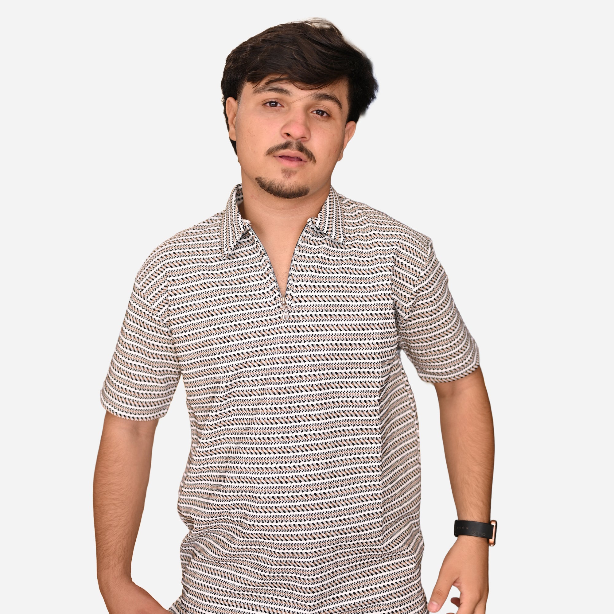 Black & Brown Striped Zip Polo Shirt | Knit Polo