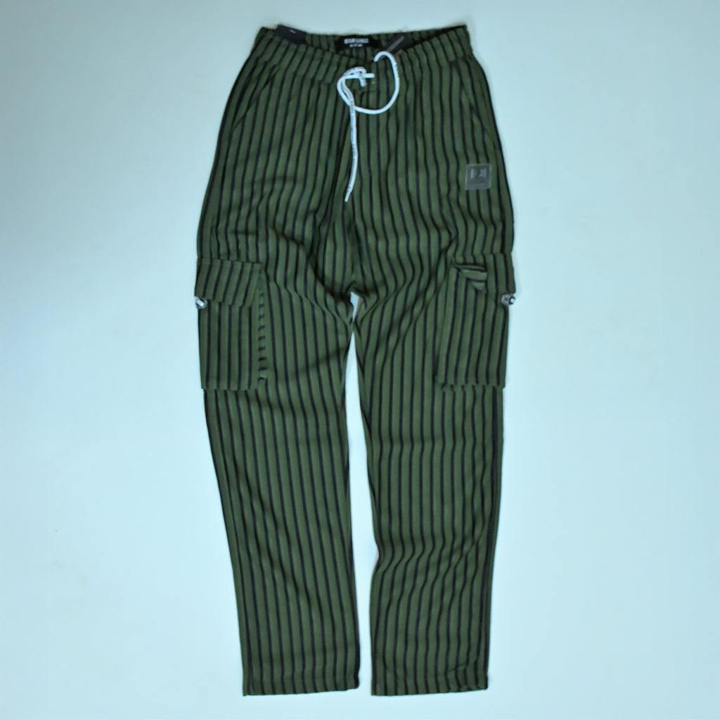 Dark Olive & Black Striped Cargo Joggers | Relaxed Fit Cotton Trousers