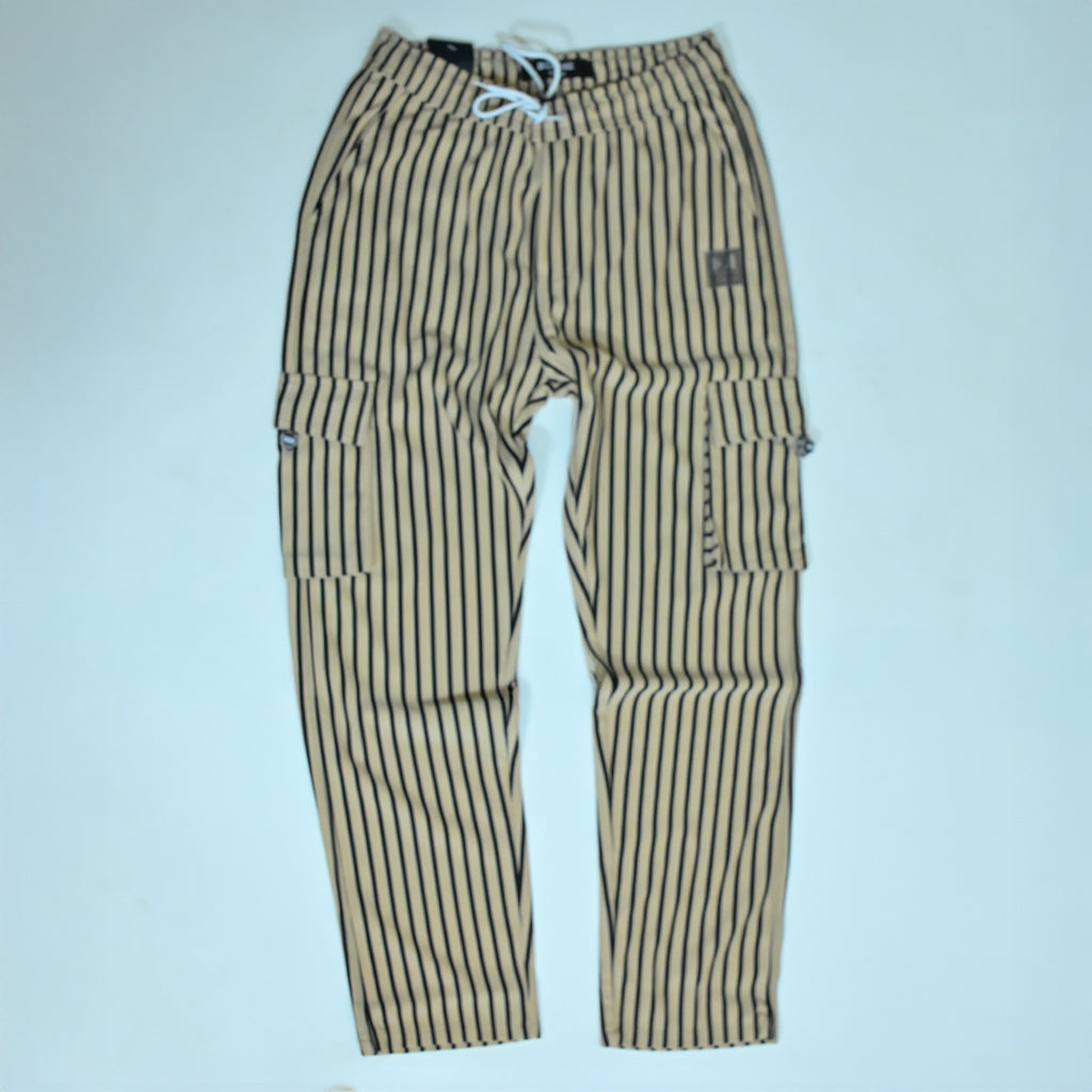 Beige & Black Striped Cargo Joggers | Relaxed Fit Cotton Trousers