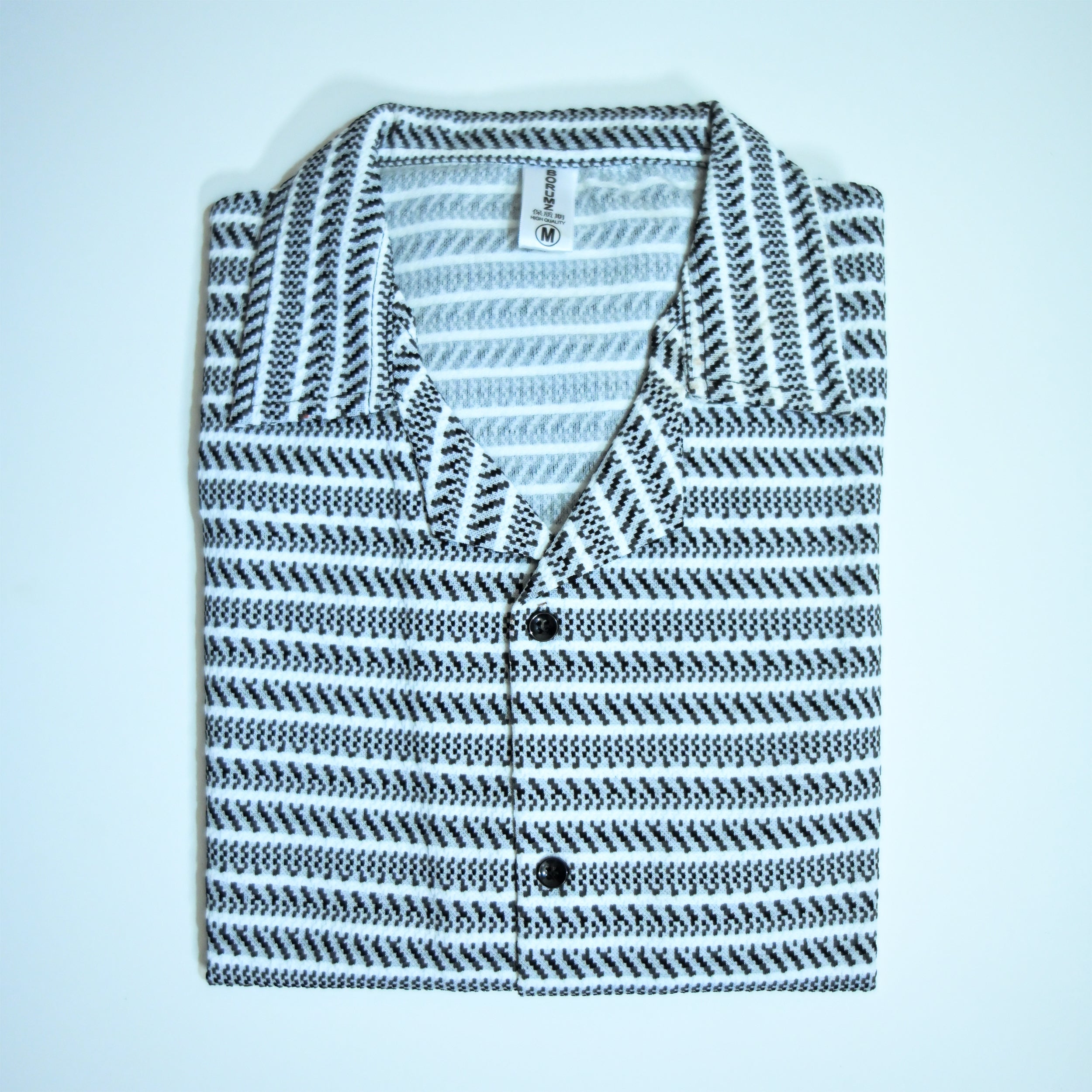White & Grey Geometric Textured Boxy Fit Shirt