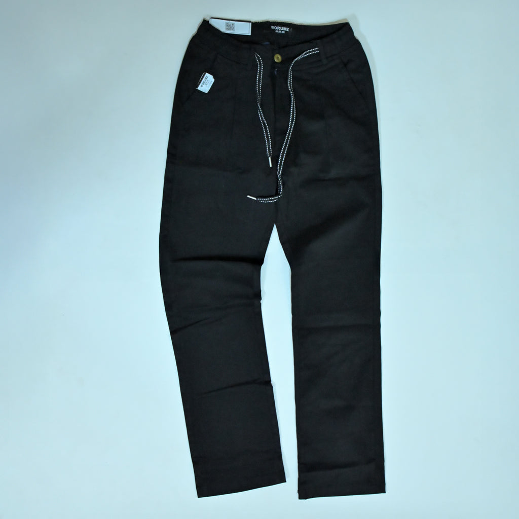 Black Drawstring Cotton Trousers | Relaxed Fit Casual Pants | Semi-Baggy