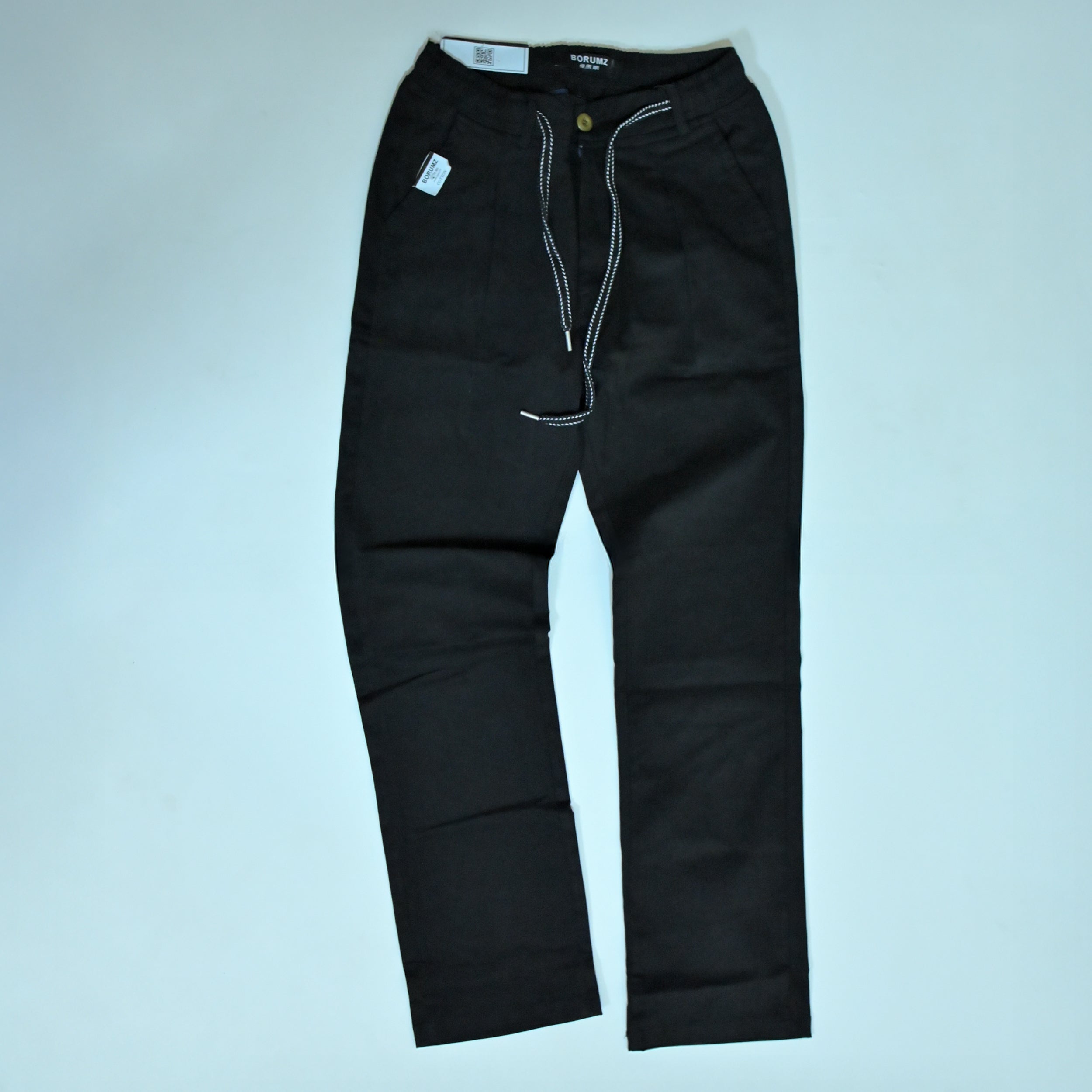 Black Drawstring Cotton Trousers | Relaxed Fit Casual Pants | Semi-Baggy