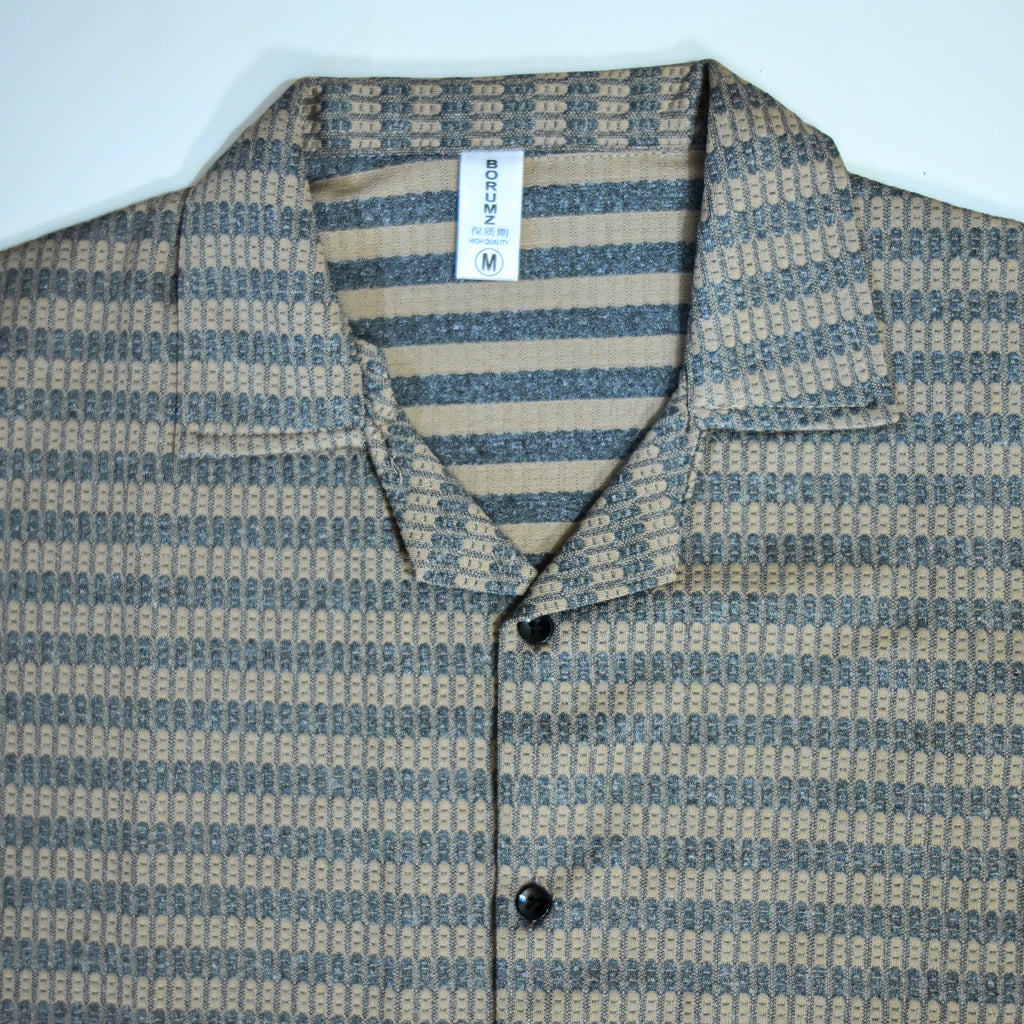 Brown & Grey Textured Knit Camp Collar Shirt | Boxy fit