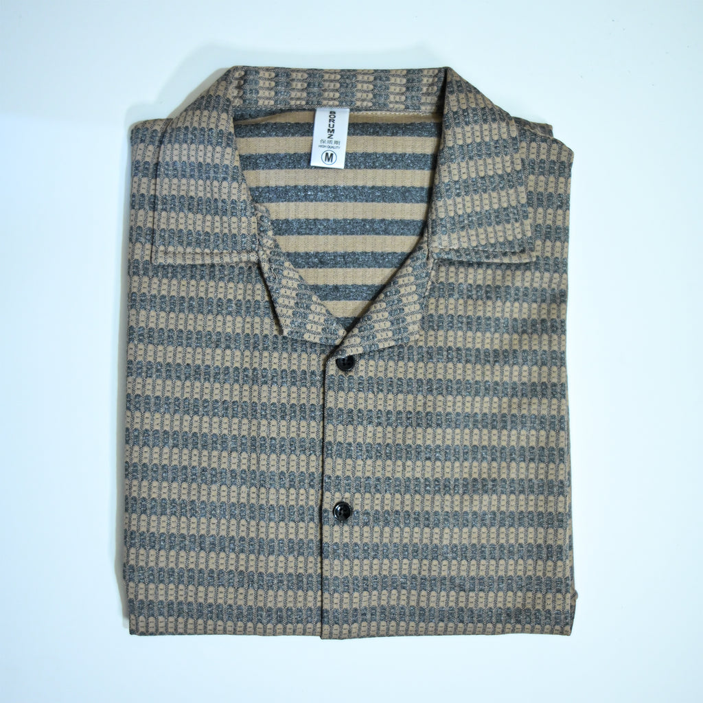 Brown & Grey Textured Knit Camp Collar Shirt | Boxy fit
