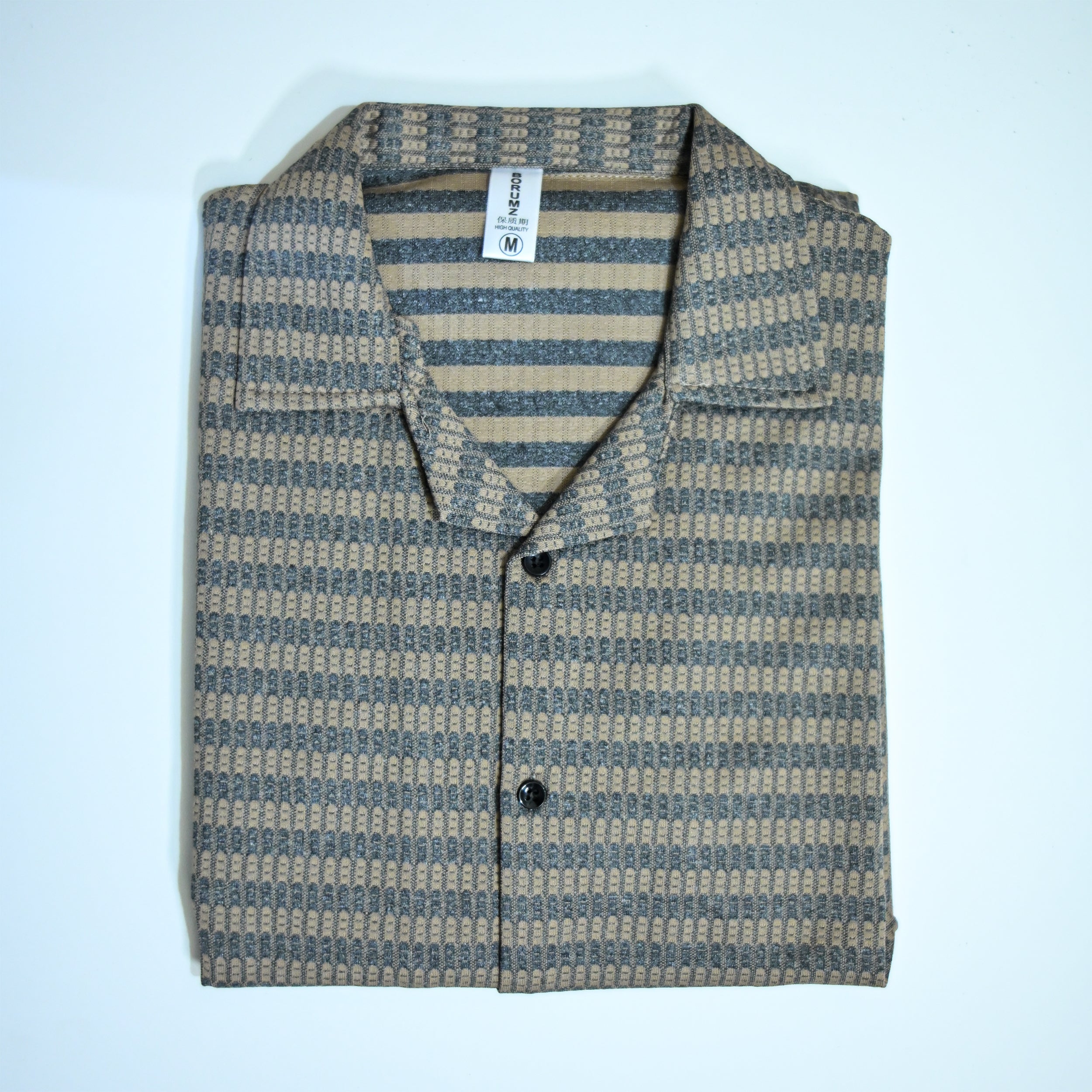Brown & Grey Textured Knit Camp Collar Shirt | Boxy fit
