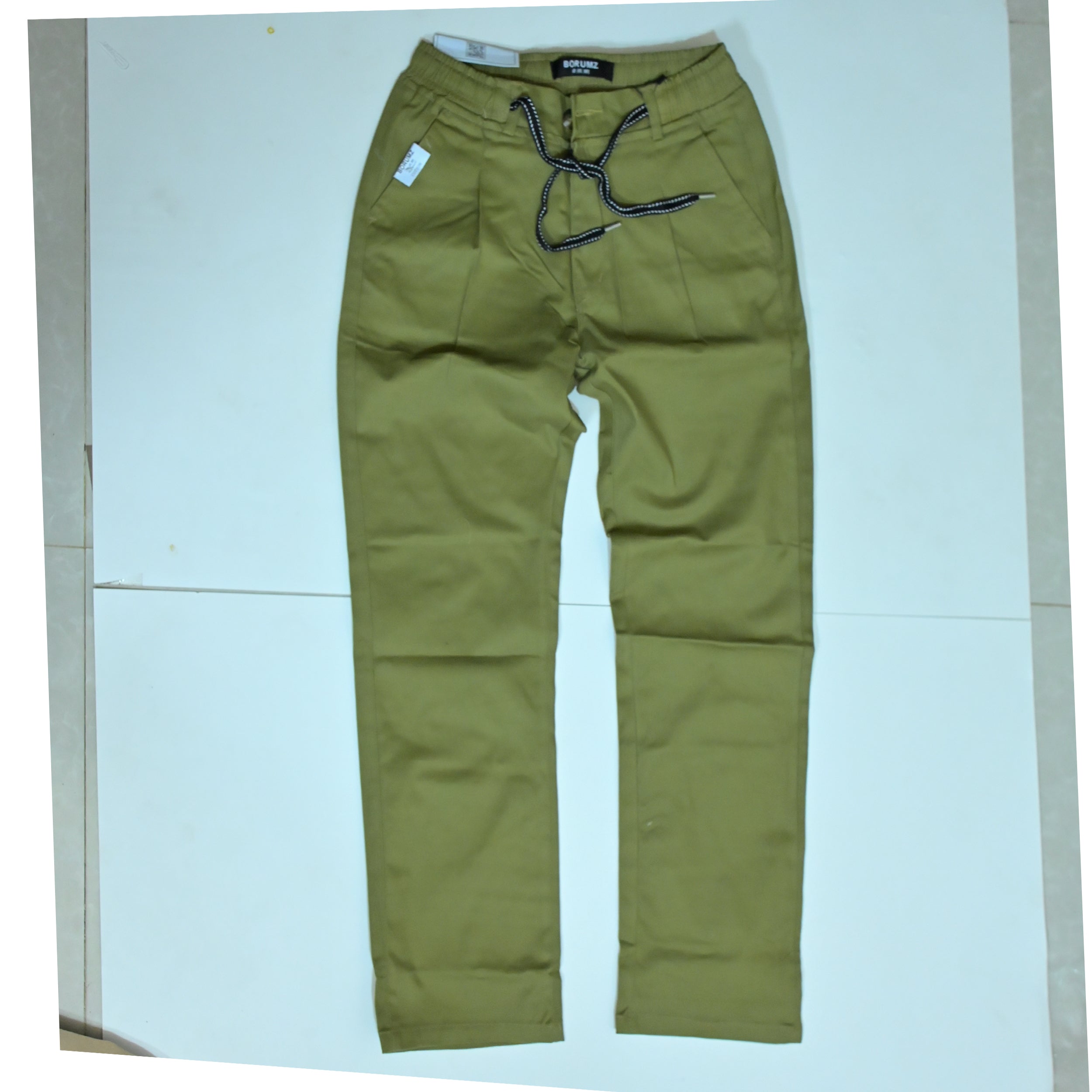 Olive Green Drawstring Cotton Trousers | Relaxed Fit Casual Pants | Semi-Baggy