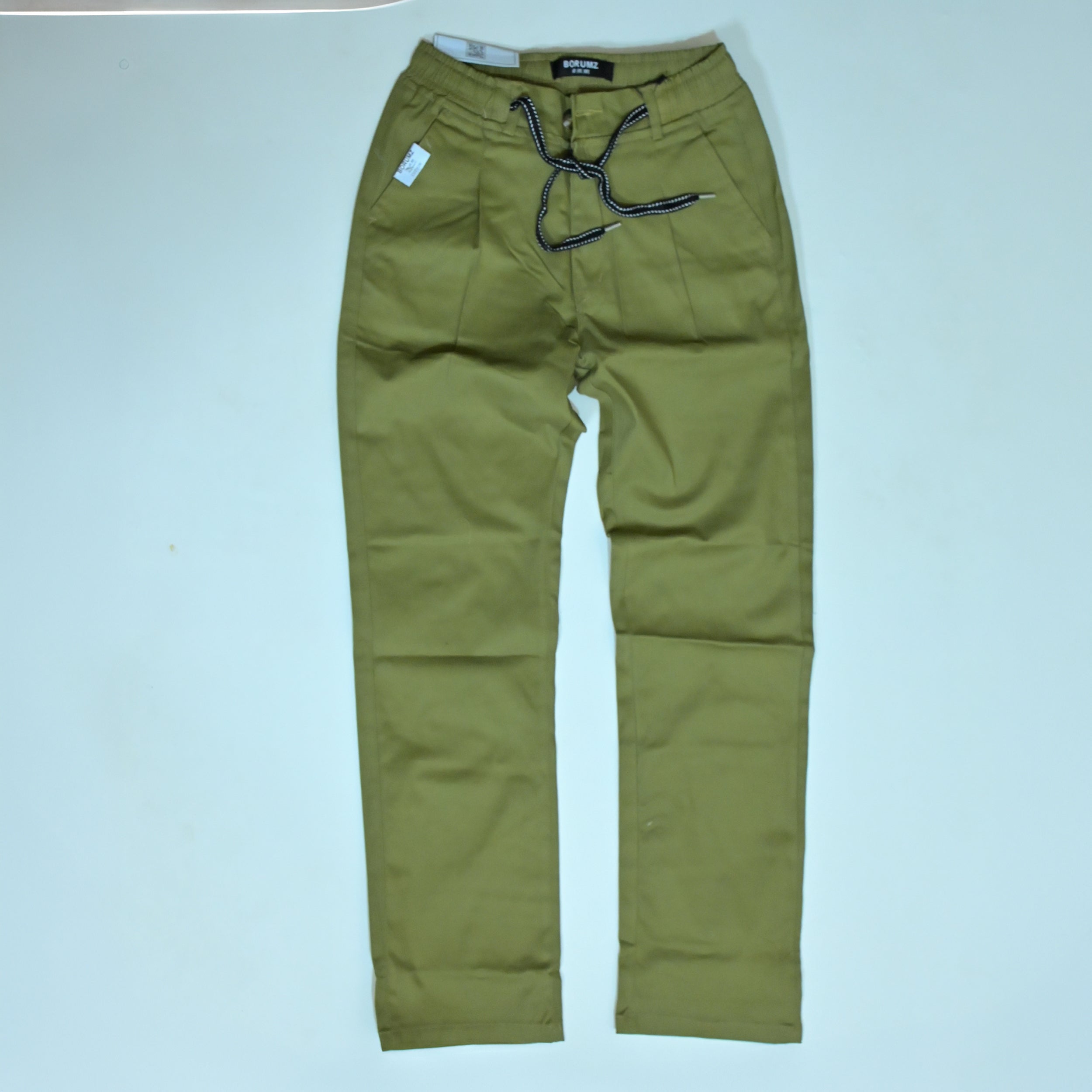 Olive Green Drawstring Cotton Trousers - Pants - Semi-Baggy