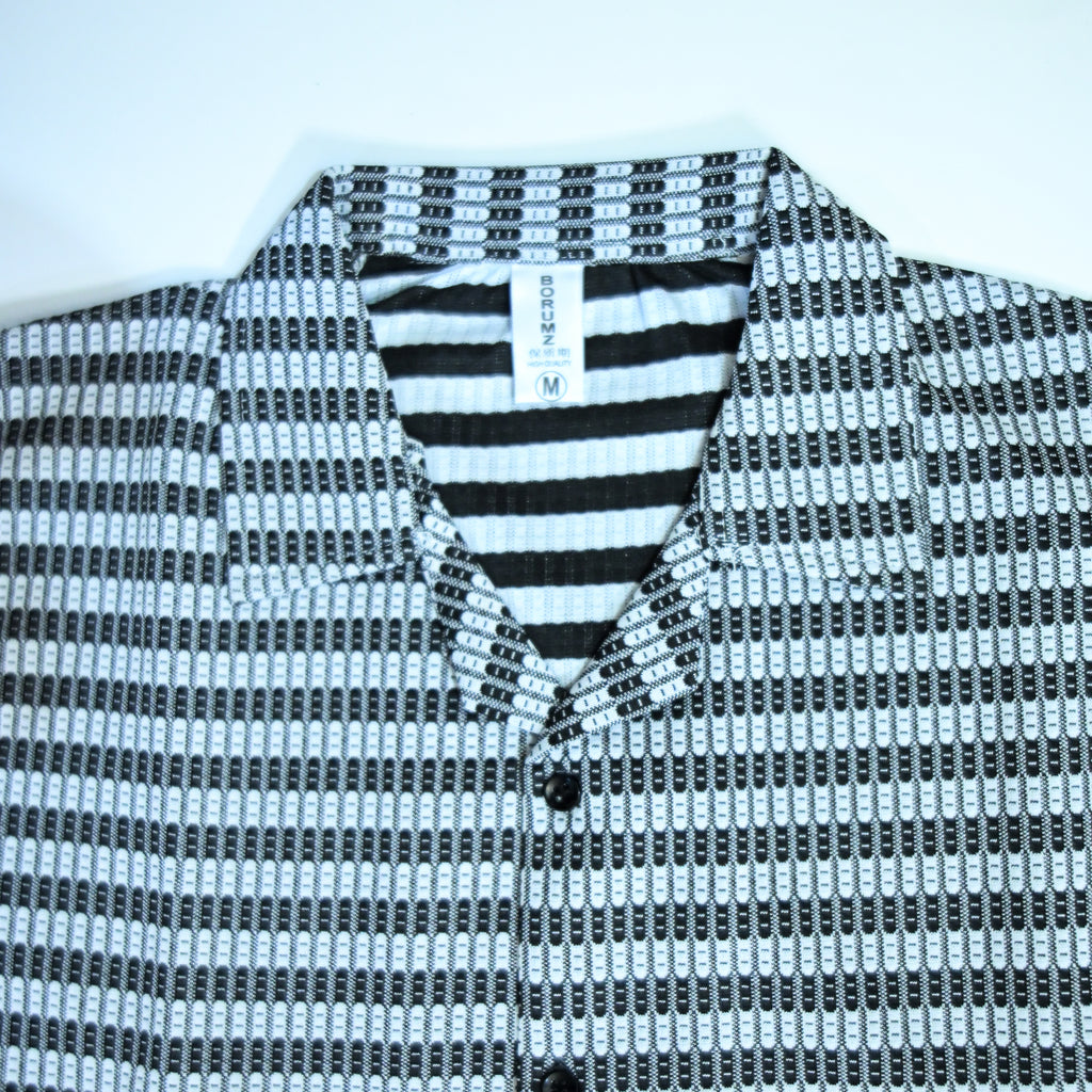 Black & White Textured Knit Camp Collar Shirt | Boxy fit