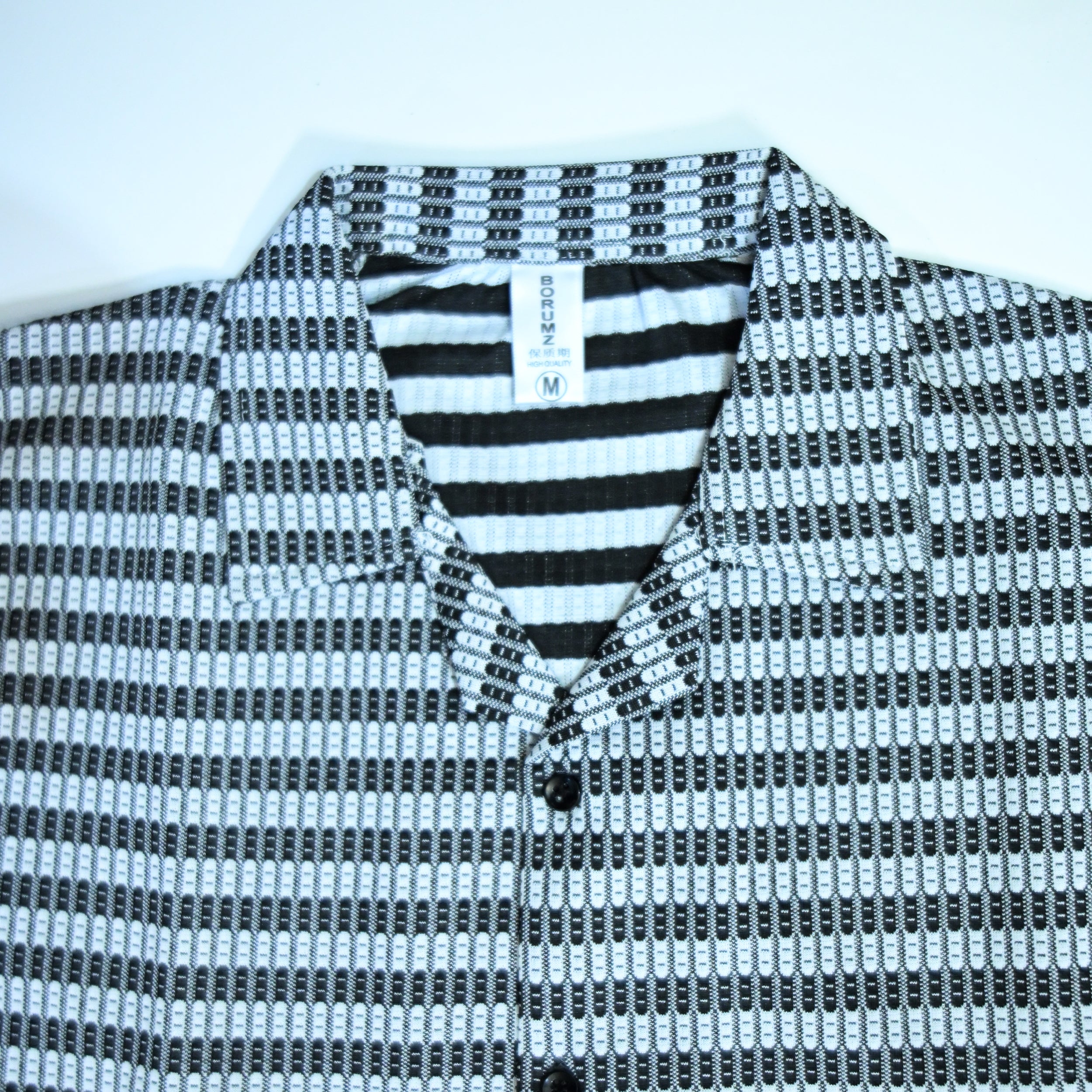 Black & White Textured Knit Camp Collar Shirt | Boxy fit