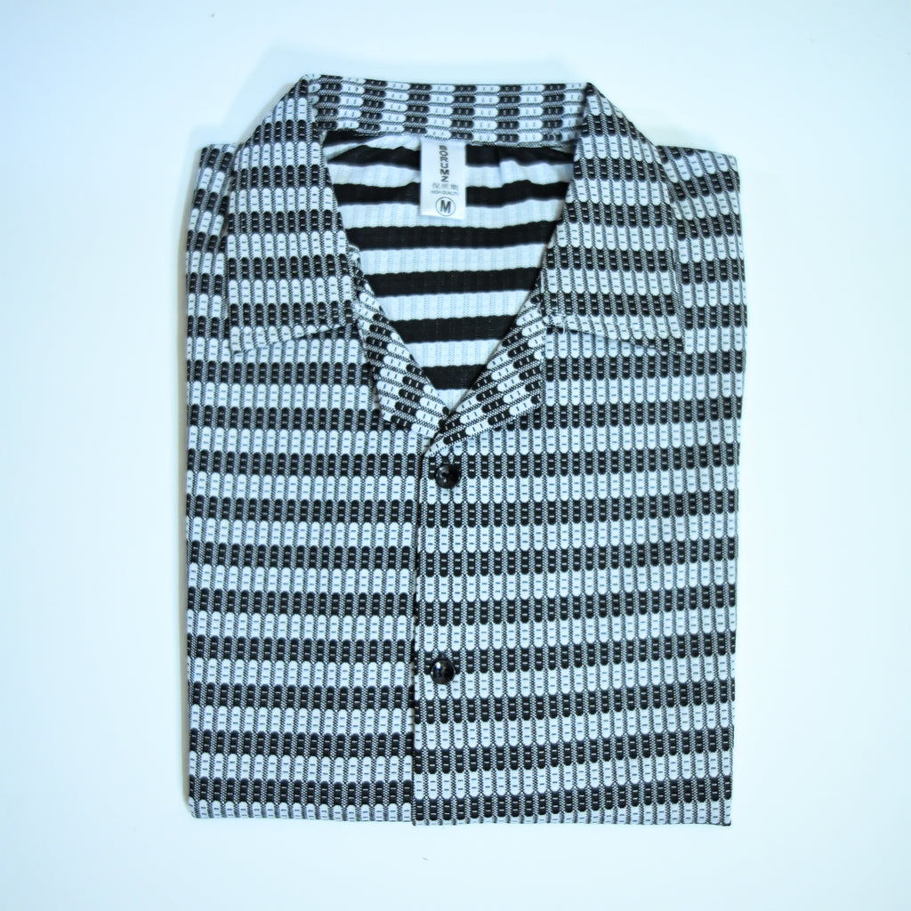 Black & White Textured Knit Camp Collar Shirt | Boxy fit