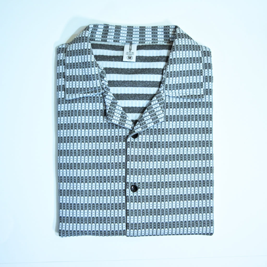 Black & Grey Textured Knit Camp Collar Shirt | Boxy fit