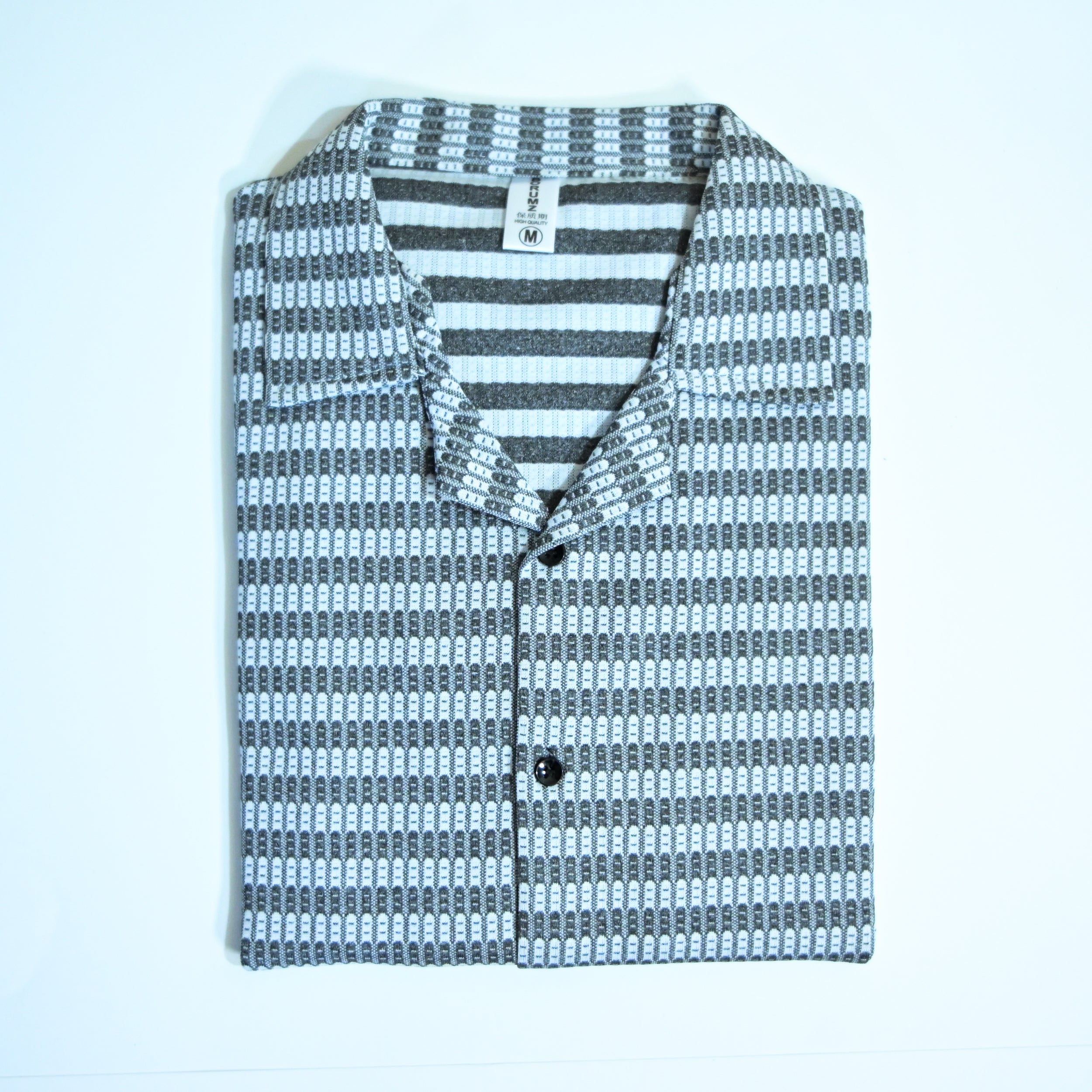 Black & Grey Textured Knit Camp Collar Shirt | Boxy fit
