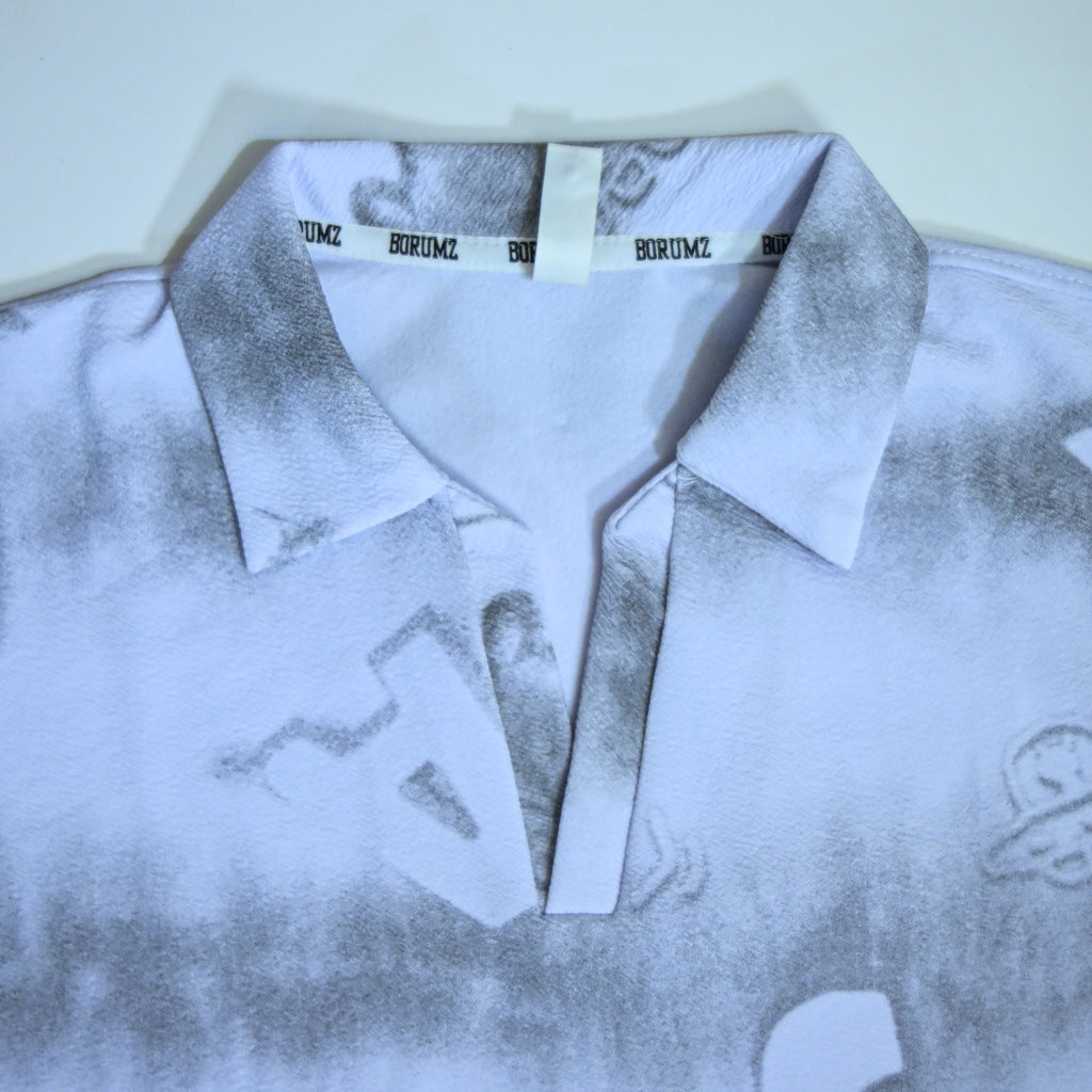 White Tie-Dye Alphabet Print Johnny Collar Polo Shirt | Premium Casual Polo