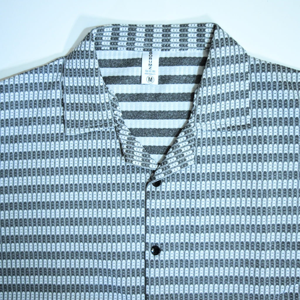 Black & Grey Textured Knit Camp Collar Shirt | Boxy fit