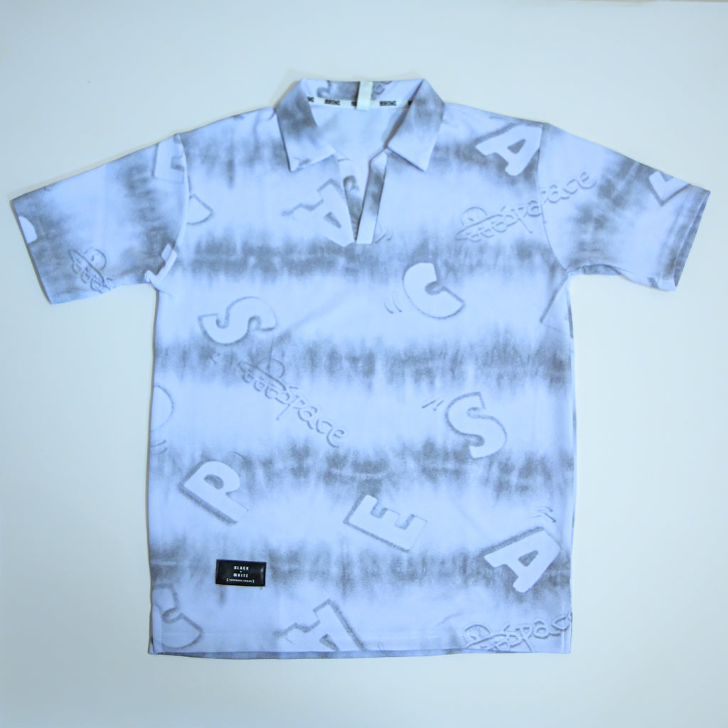White Tie-Dye Alphabet Print Johnny Collar Polo Shirt | Premium Casual Polo