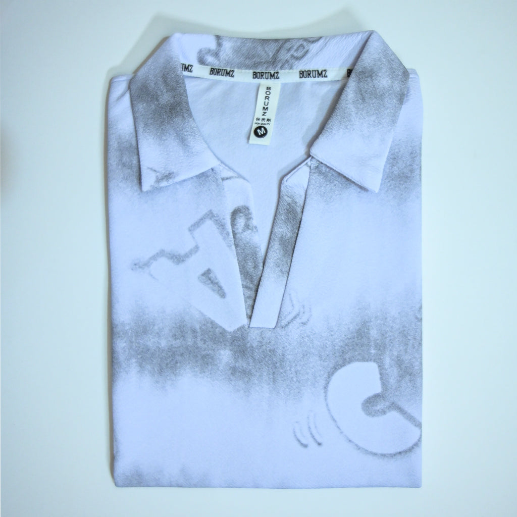White Tie-Dye Alphabet Print Johnny Collar Polo Shirt | Premium Casual Polo