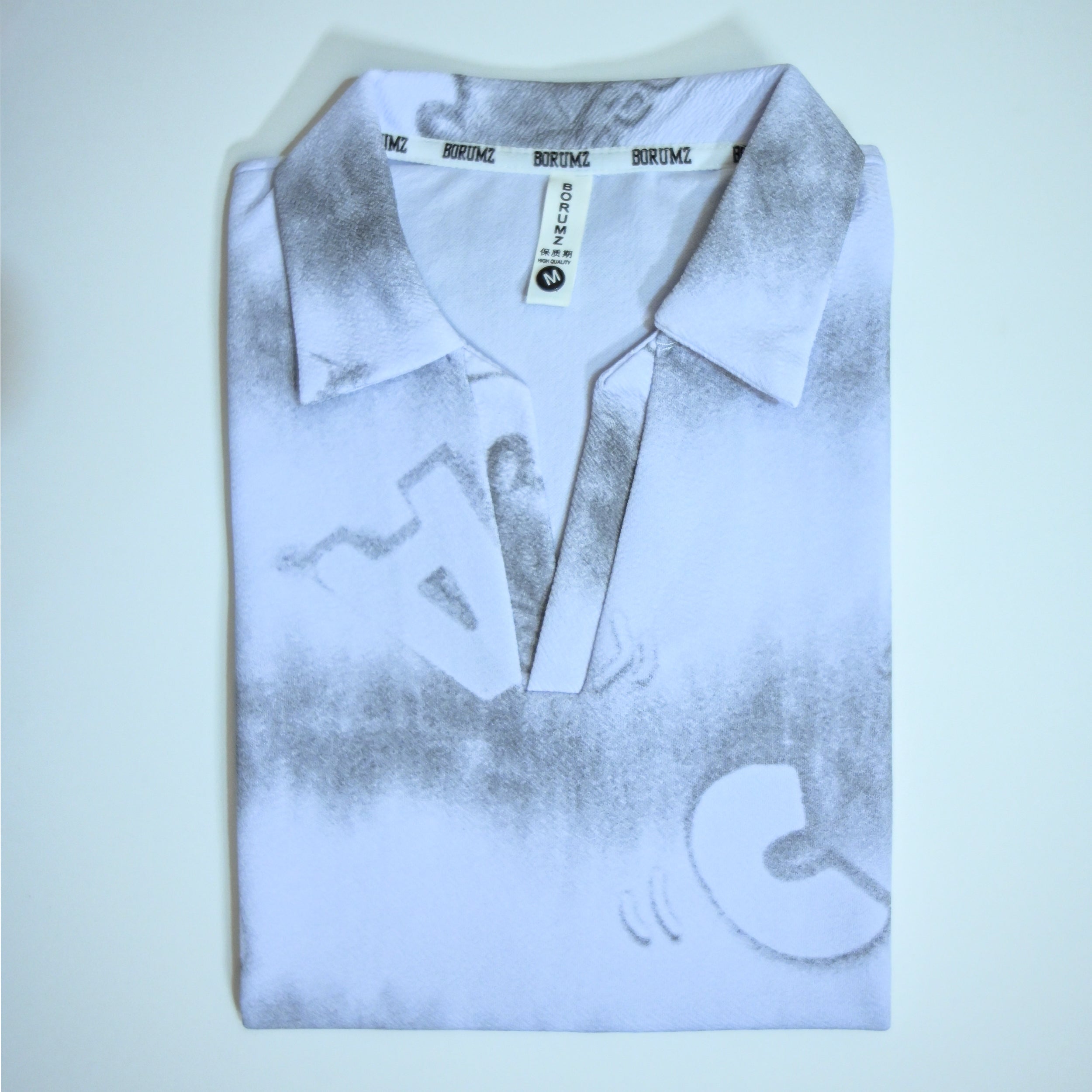 White Tie-Dye Alphabet Print Johnny Collar Polo Shirt | Premium Casual Polo