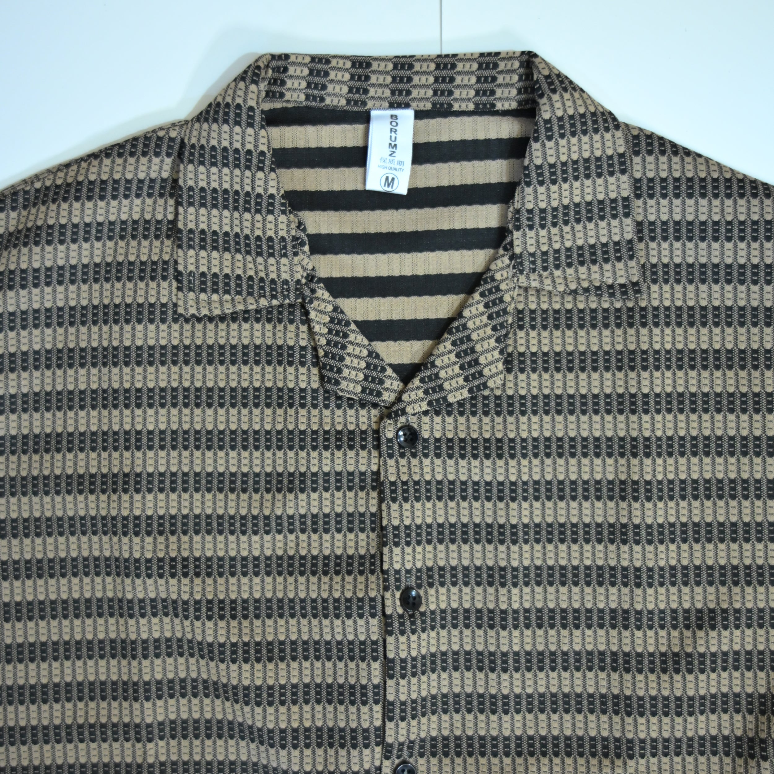 Brown & Black Textured Knit Camp Collar Shirt | Boxy fit