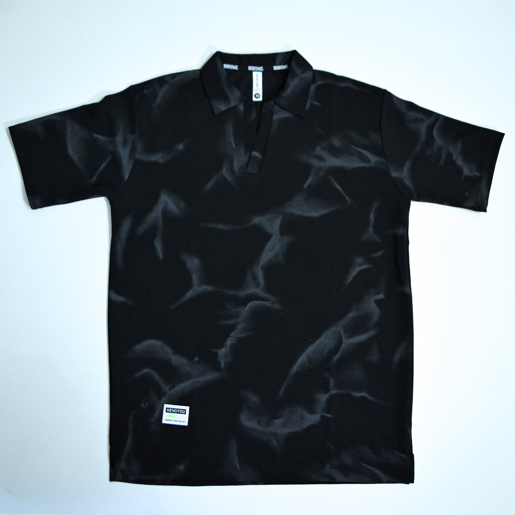 Black Tie-Dye Print Johnny Collar Polo Shirt | Premium Casual Polo