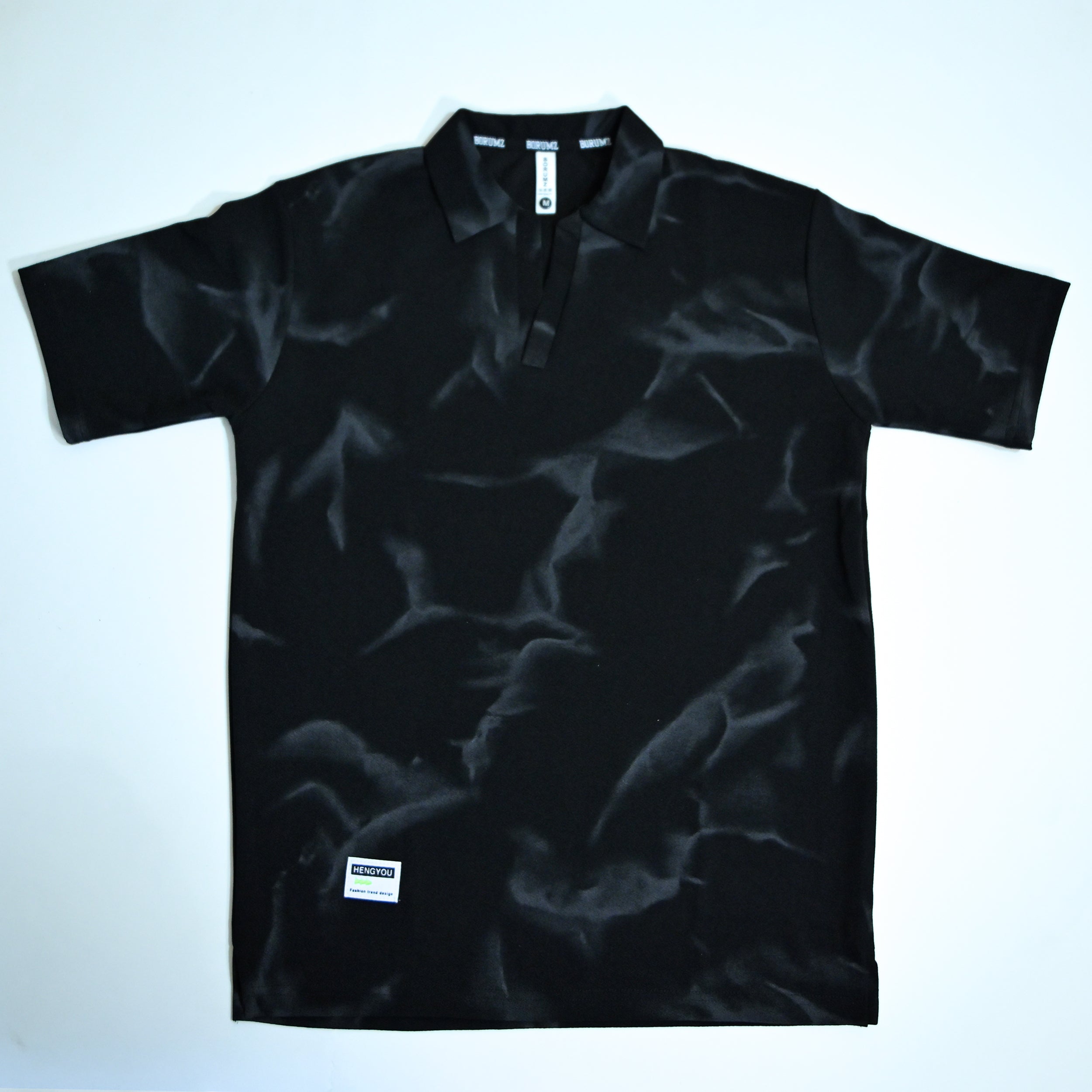 Black Tie-Dye Print Johnny Collar Polo Shirt | Premium Casual Polo