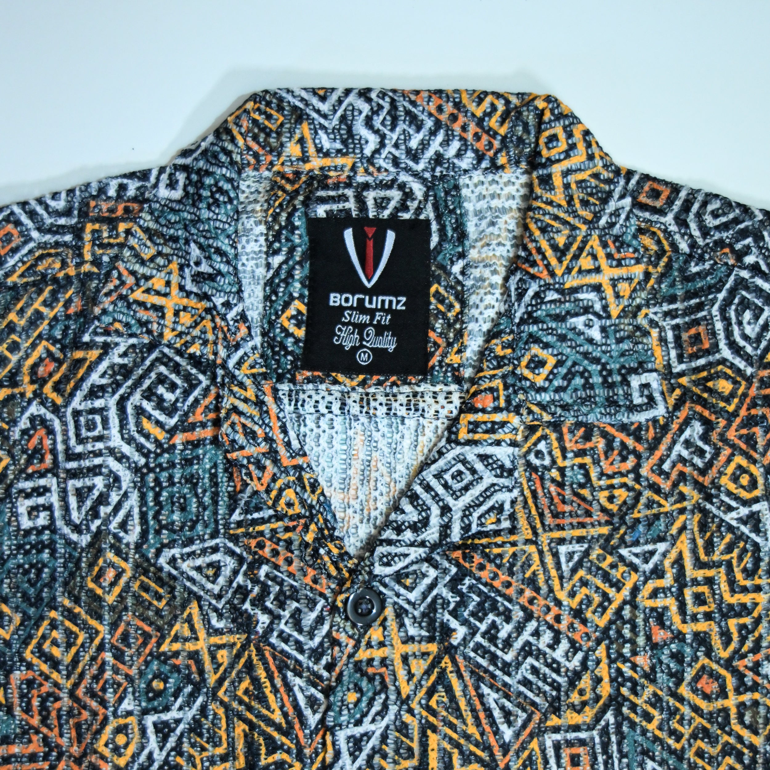 Borumz Crochet-Inspired Geometric Print Cuban Collar Shirt – Boxy Fit