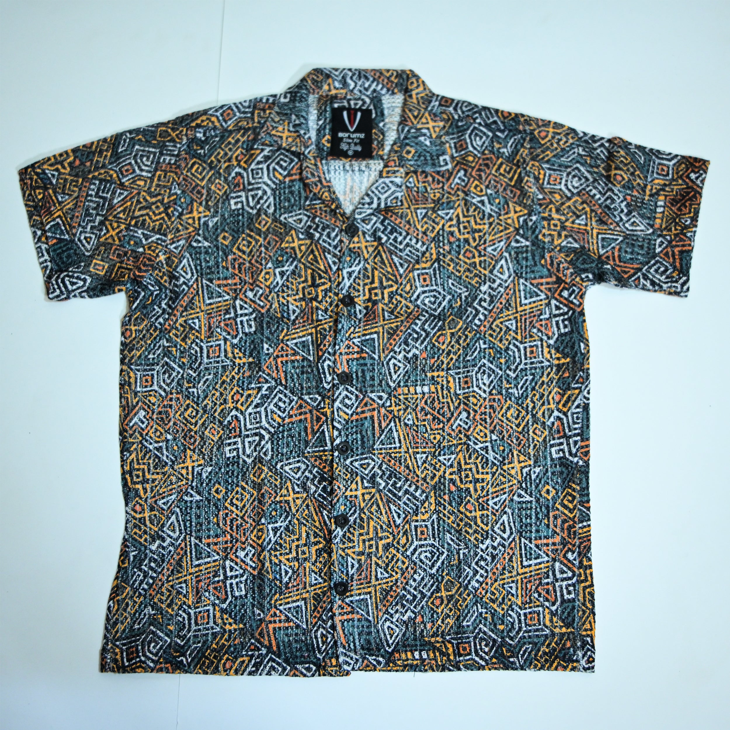 Borumz Crochet-Inspired Geometric Print Cuban Collar Shirt – Boxy Fit