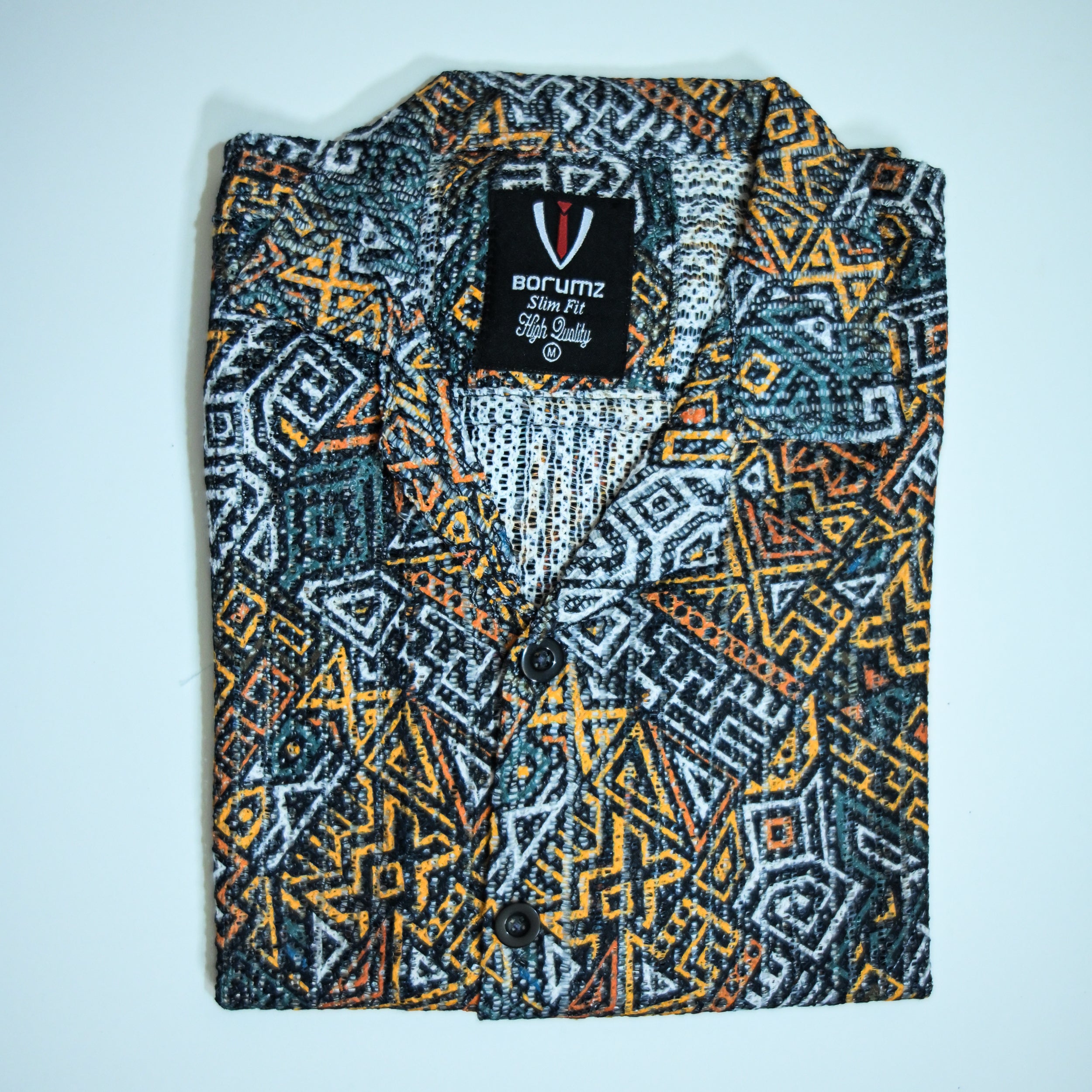 Borumz Crochet-Inspired Geometric Print Cuban Collar Shirt – Boxy Fit