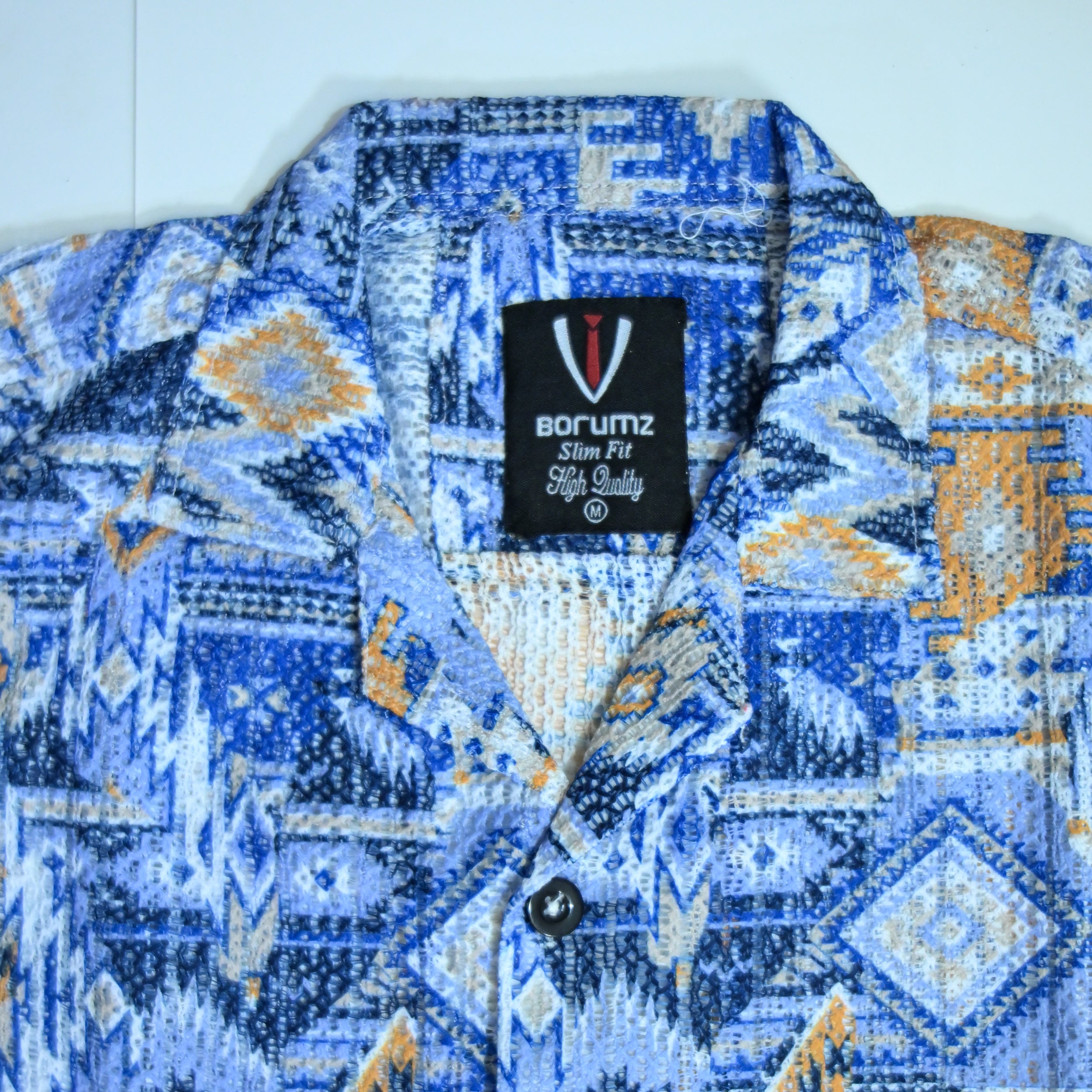 Borumz Crochet-Inspired Geometric Print Cuban Collar Shirt – Boxy Fit