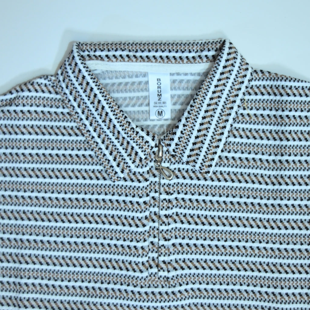 Black & Brown Striped Zip Polo Shirt | Knit Polo