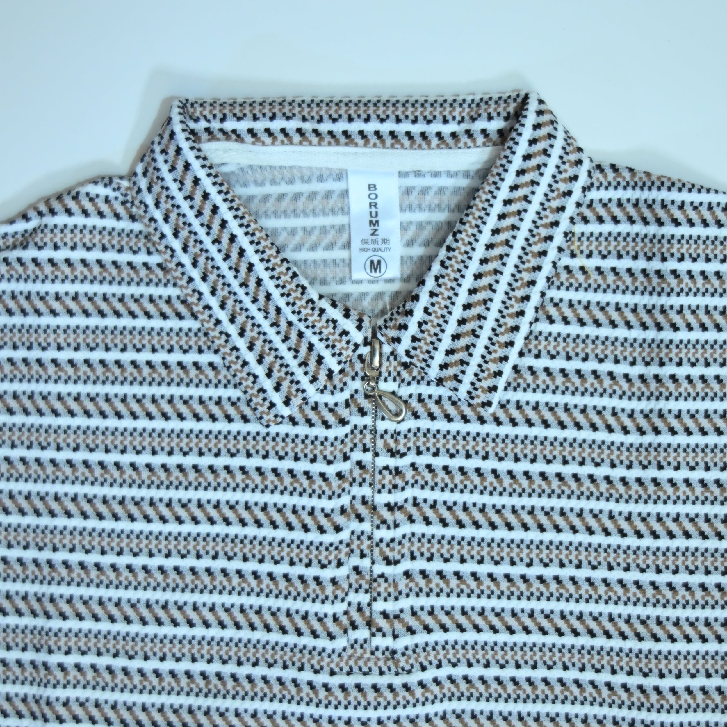 Black & Brown Striped Zip Polo Shirt | Knit Polo