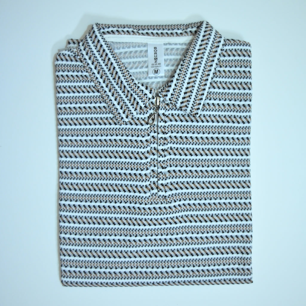 Black & Brown Striped Zip Polo Shirt | Knit Polo