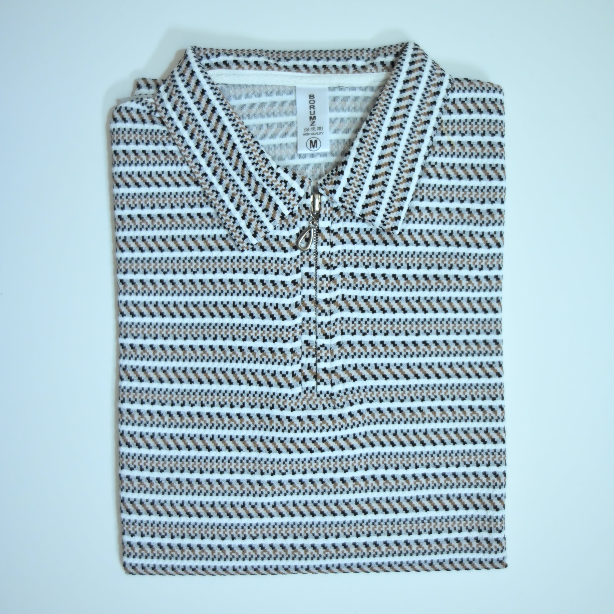 Black & Brown Striped Zip Polo Shirt | Knit Polo