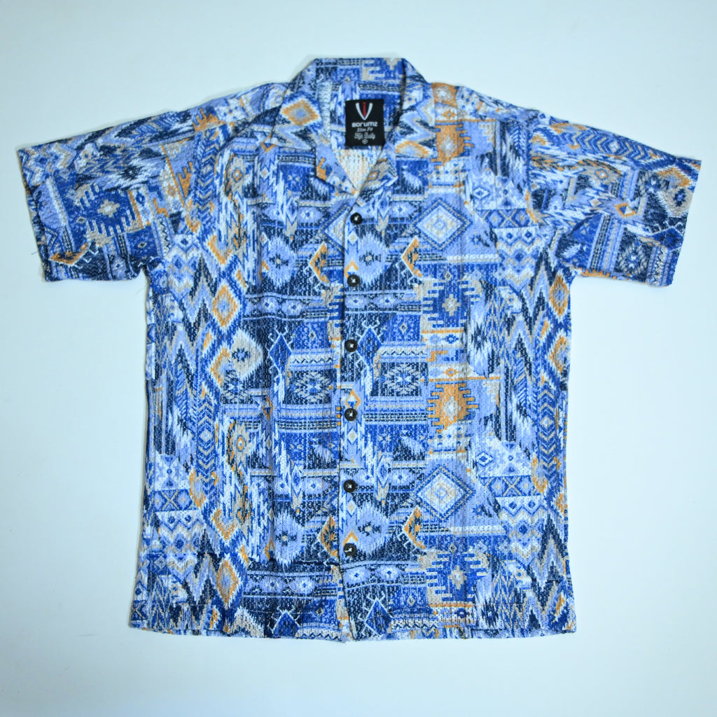Borumz Crochet-Inspired Geometric Print Cuban Collar Shirt – Boxy Fit