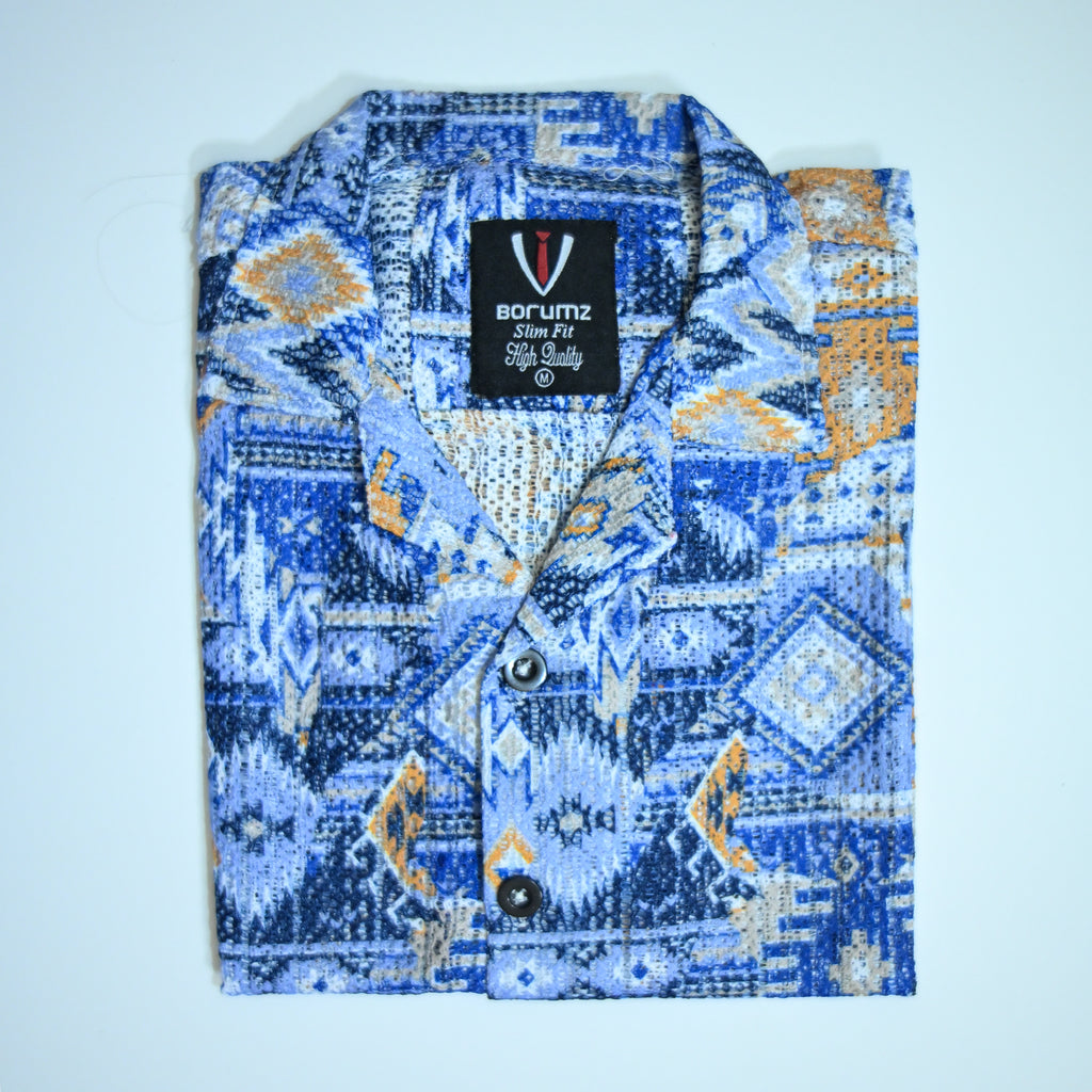 Borumz Crochet-Inspired Geometric Print Cuban Collar Shirt – Boxy Fit