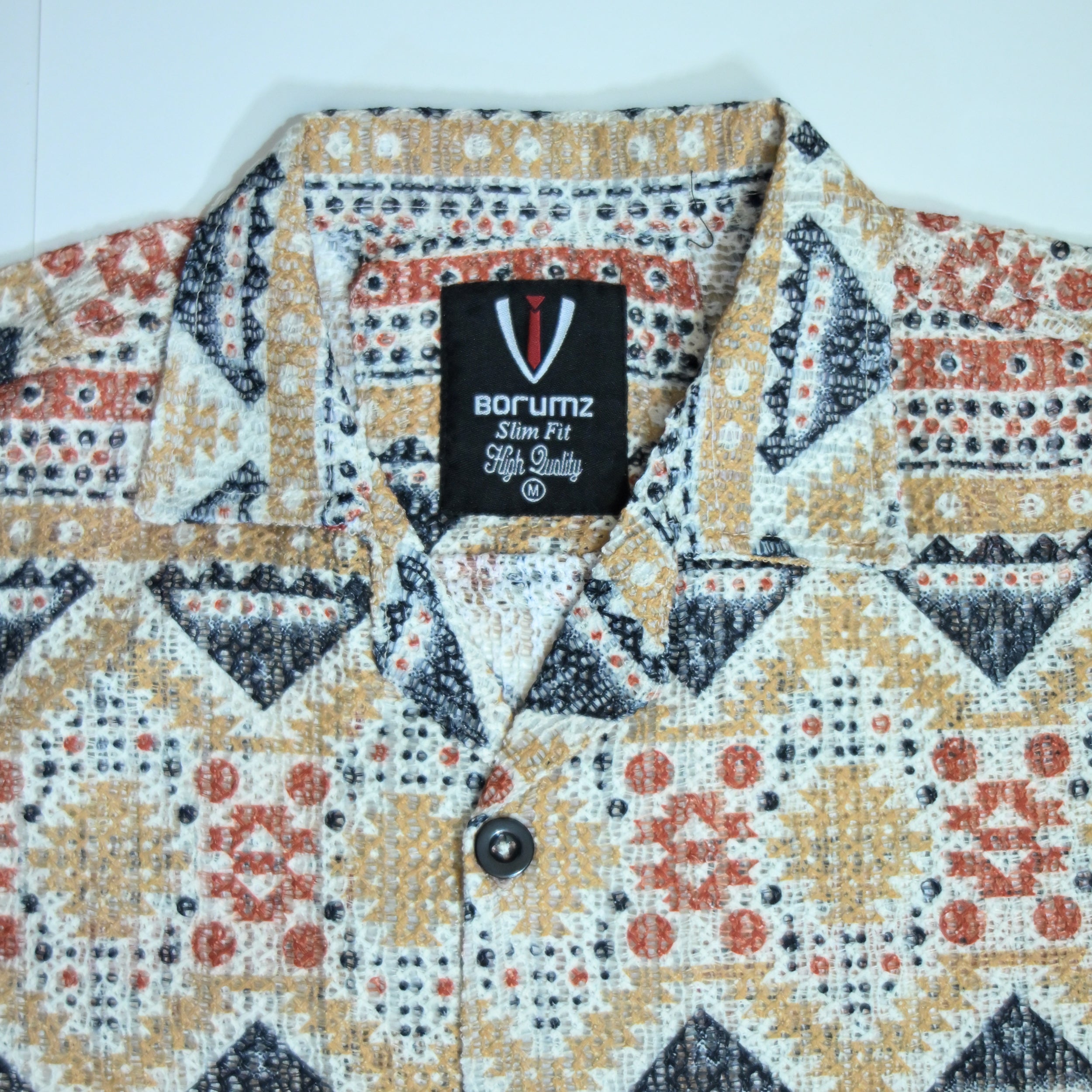 Borumz Crochet-Inspired Geometric Print Cuban Collar Shirt – Boxy Fit