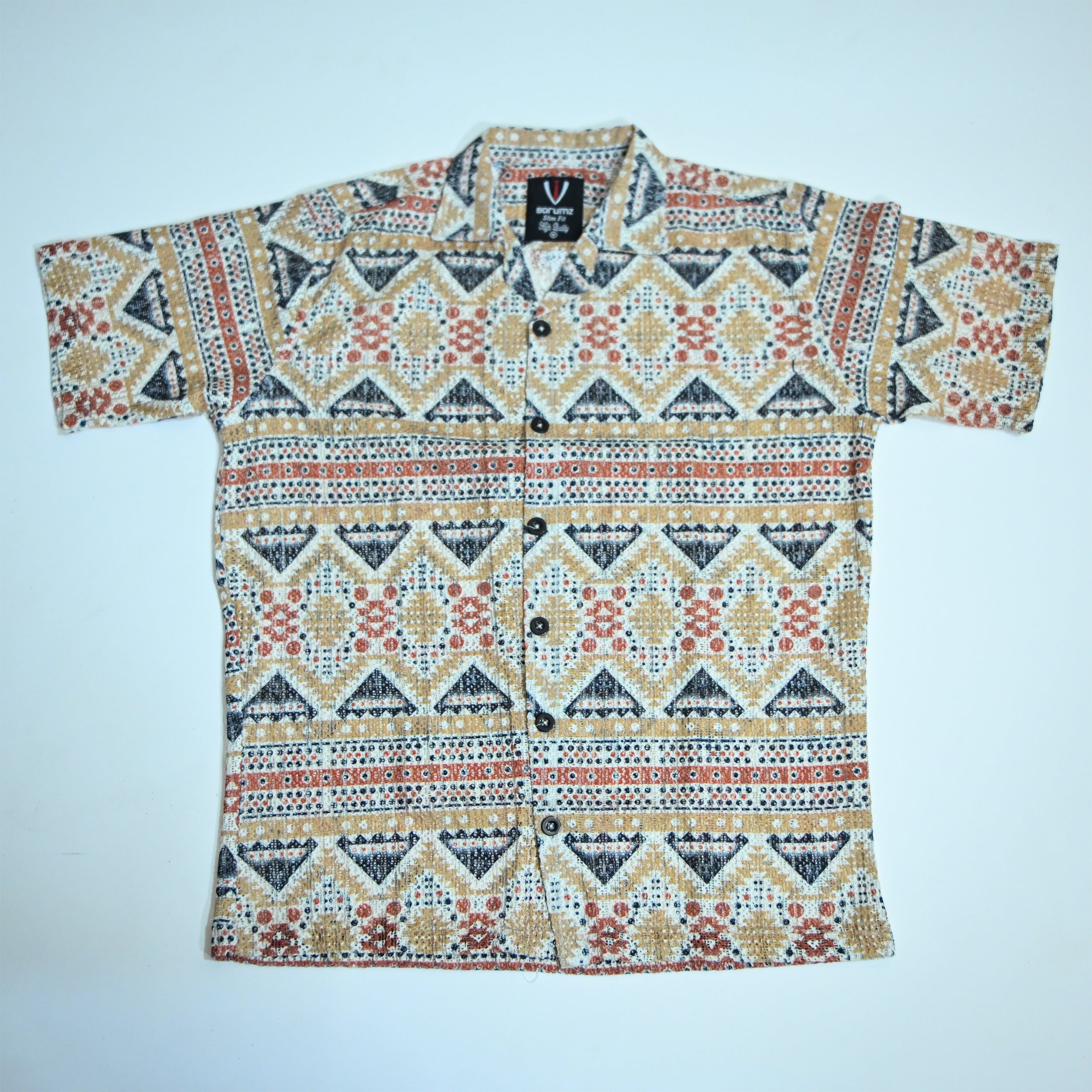 Borumz Crochet-Inspired Geometric Print Cuban Collar Shirt – Boxy Fit