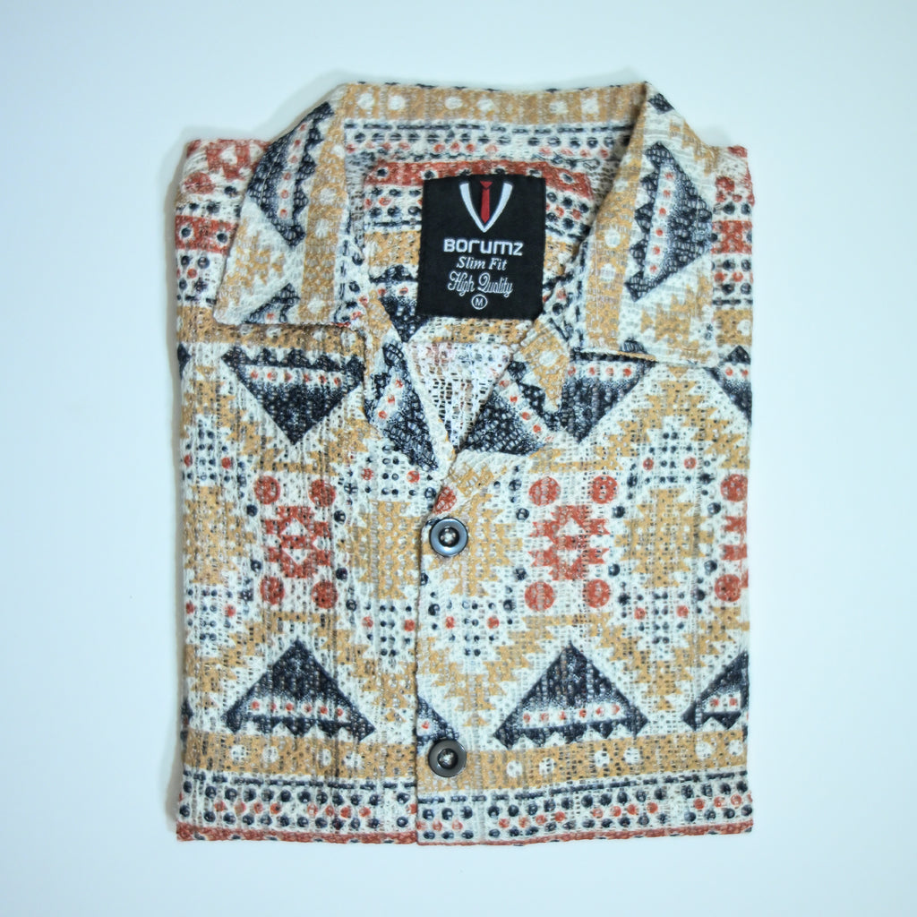 Borumz Crochet-Inspired Geometric Print Cuban Collar Shirt – Boxy Fit