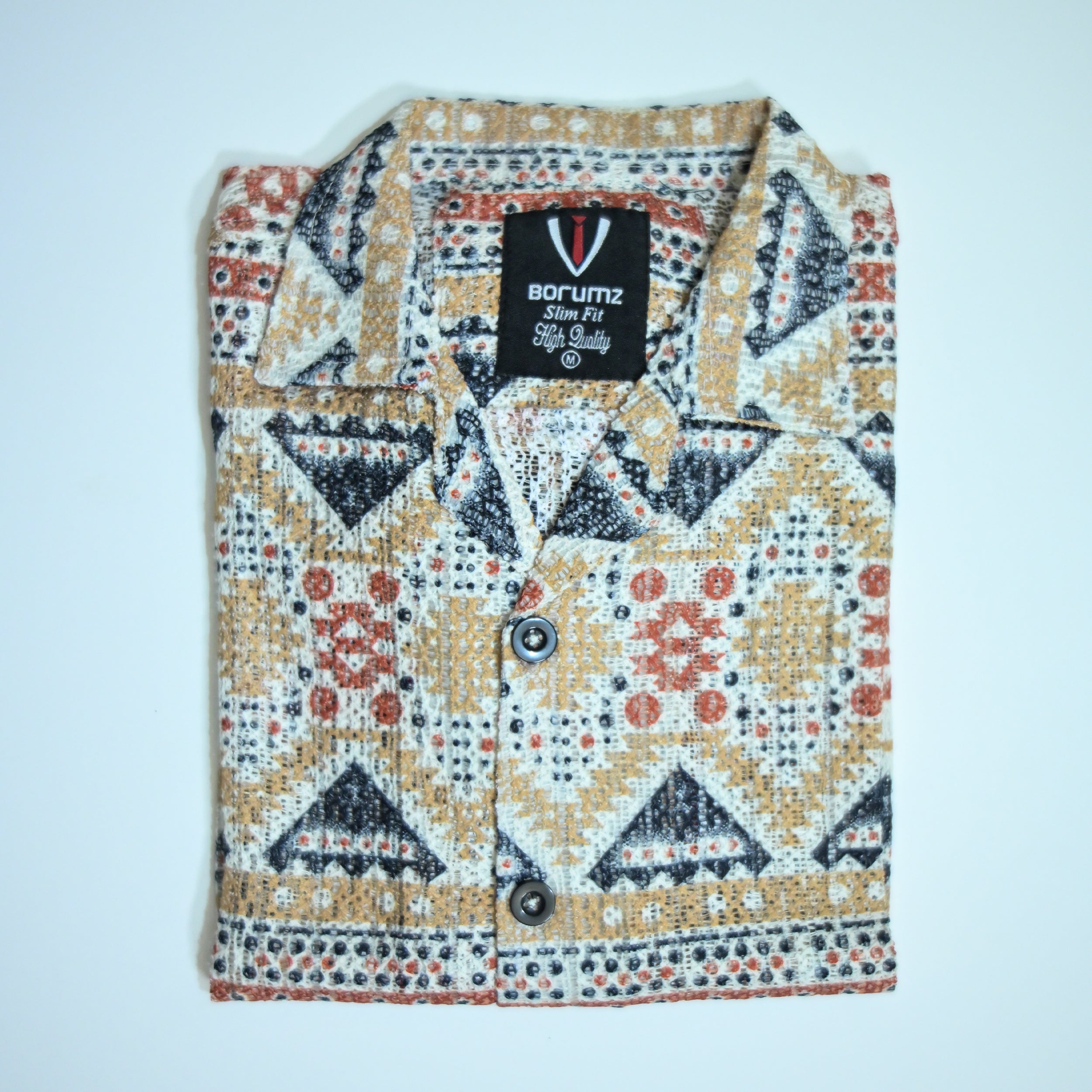 Borumz Crochet-Inspired Geometric Print Cuban Collar Shirt – Boxy Fit