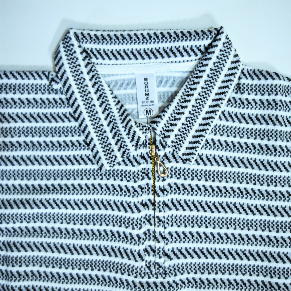 Black & Grey Striped Zip Polo Shirt | Knit Polo