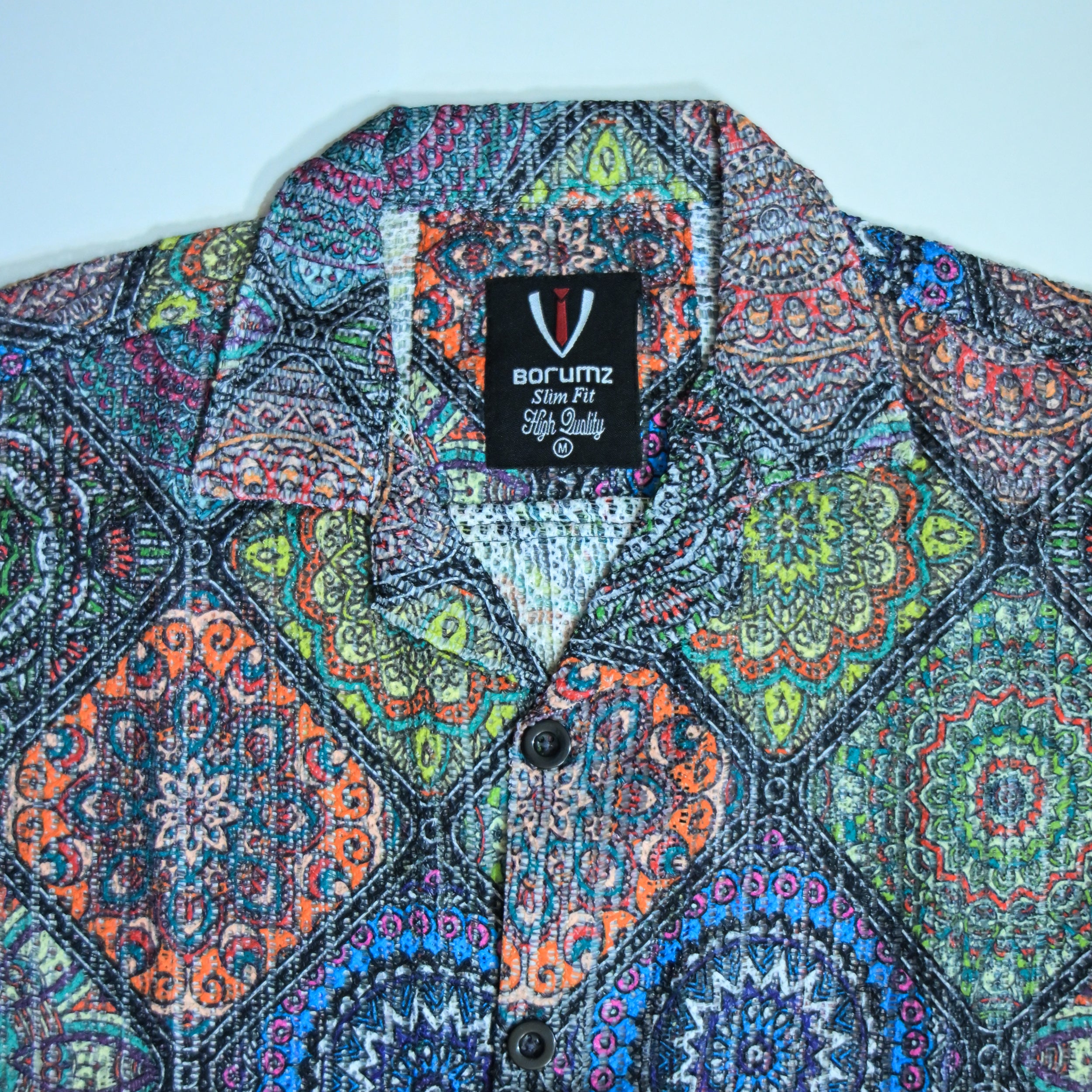 Borumz Crochet-Inspired Geometric Print Cuban Collar Shirt – Boxy Fit