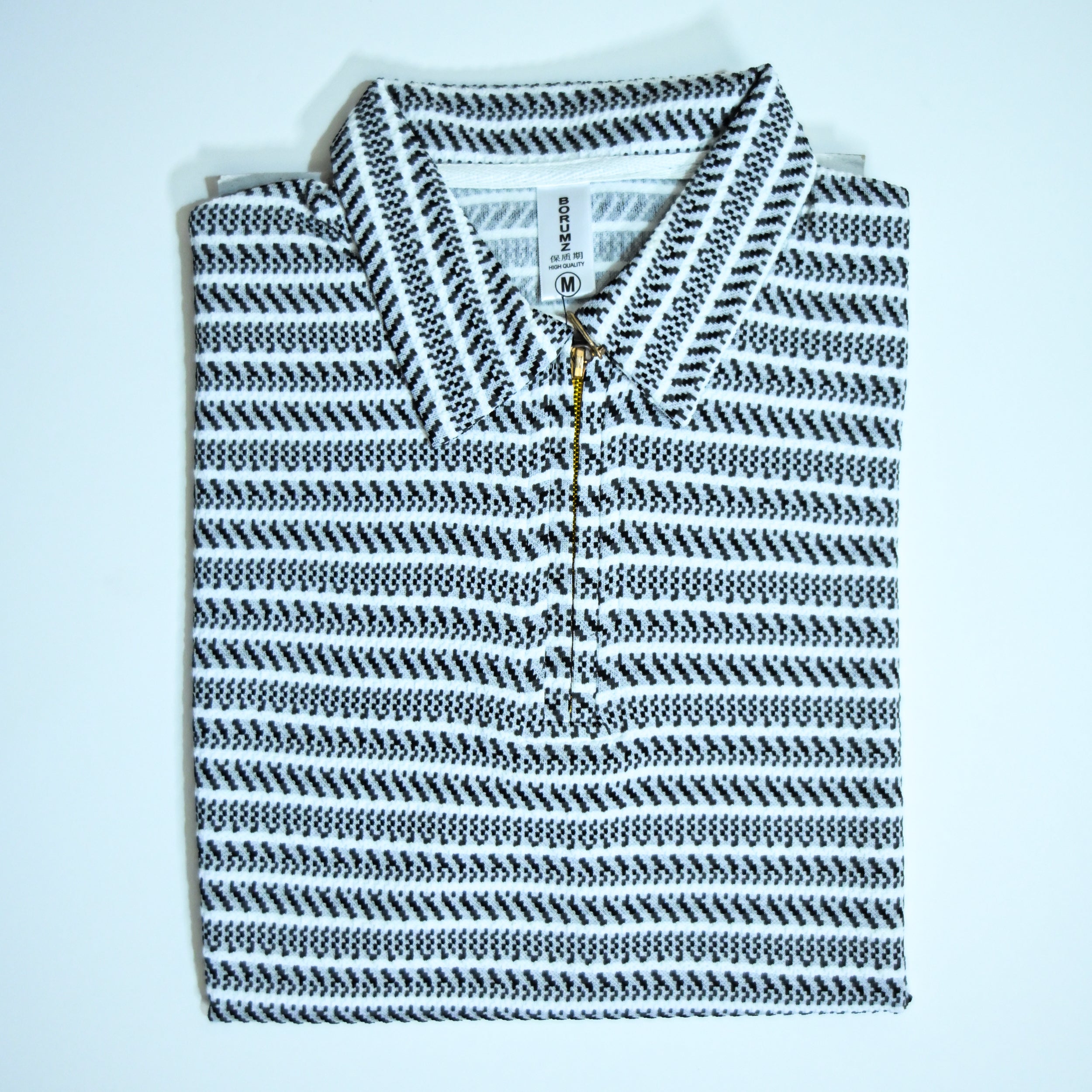Black & Grey Striped Zip Polo Shirt | Knit Polo